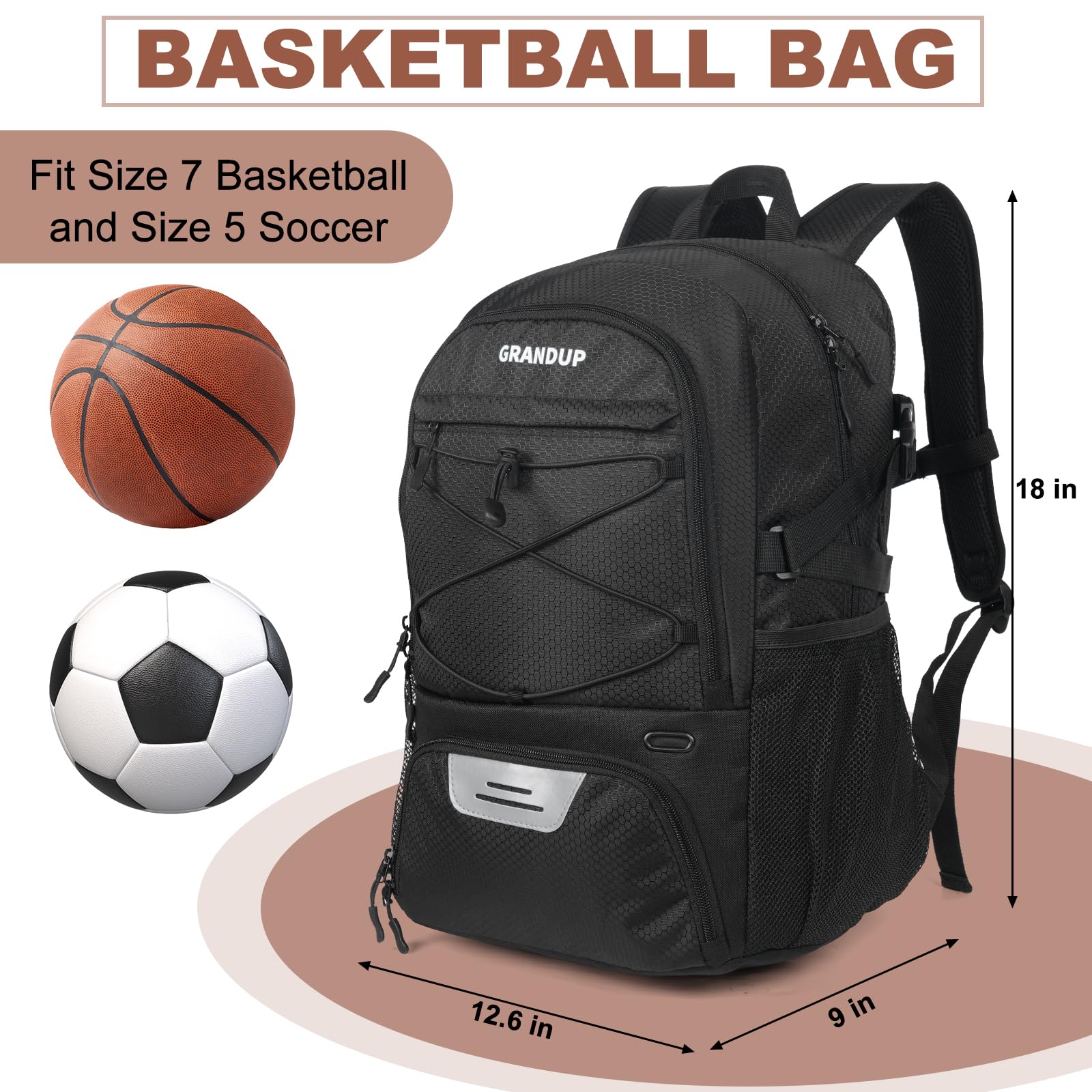 GRANDUP Basketball Backpack With Ball And Shoes Compartment Fit Volleyball, Soccer, Swim, Gym, Travel, And School, Large Capacity Sports Training - View #12