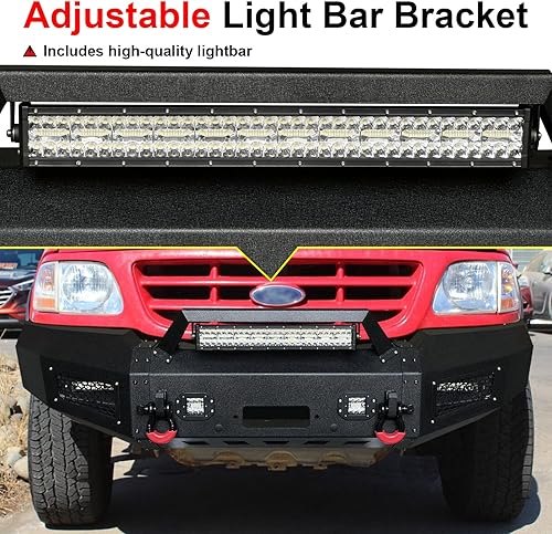 Miniatura 5 de Textura de parachoques delantero F150 negro compatible con Ford F150 1997 1998 1999 2000 2001 2002 2003 con placa de cabrestante, 5 luces LED y 2