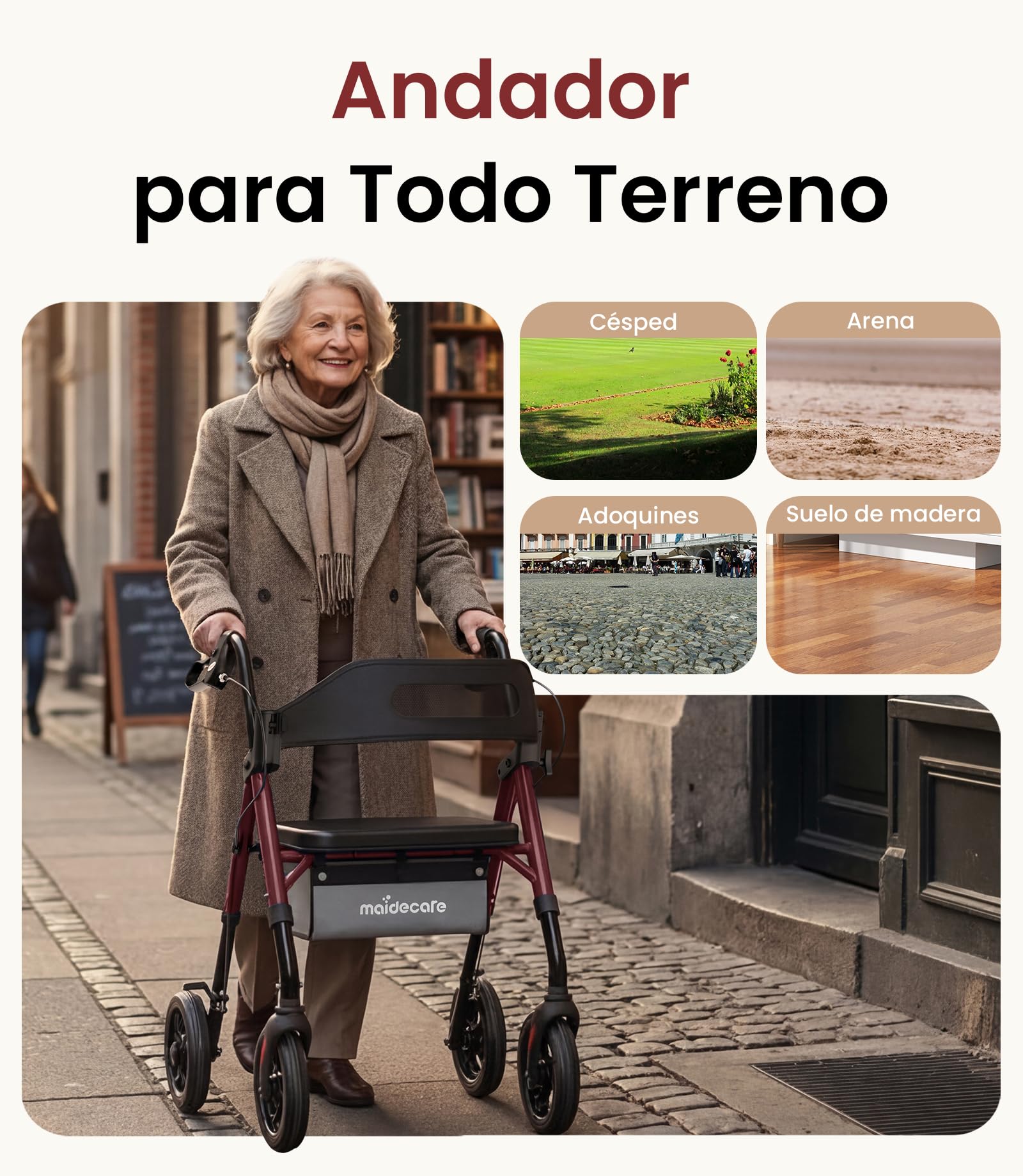 Andador para Ancianos con Asiento Plegable, Manillar y Asiento Regulables en Altura, Caminadores para Mayores, Ayuda para Caminar Ligera con Freno, Ruedas 8" Todoterreno, Rojo Oscuro