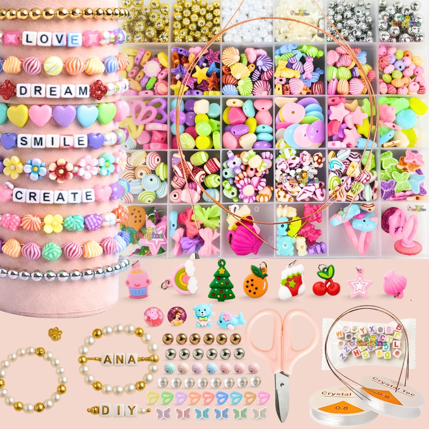 Toy Imagine DIY Bracelet Making Kit for Girls | 31-Compartment Beads Set with Charms, Alphabet Letters, Scissors & Elastic Strings | Jewelry Craft Kit for Kids Ages 6–14