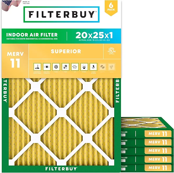 Filterbuy 20x25x1 Air Filter MERV 11 (MPR 1200) Allergen Defense Replacement (6-Pack), Electrostatic Pleated HVAC AC Furnace Filters, Made in USA (Actual Size: 19.50 x 24.50 x 0.75)