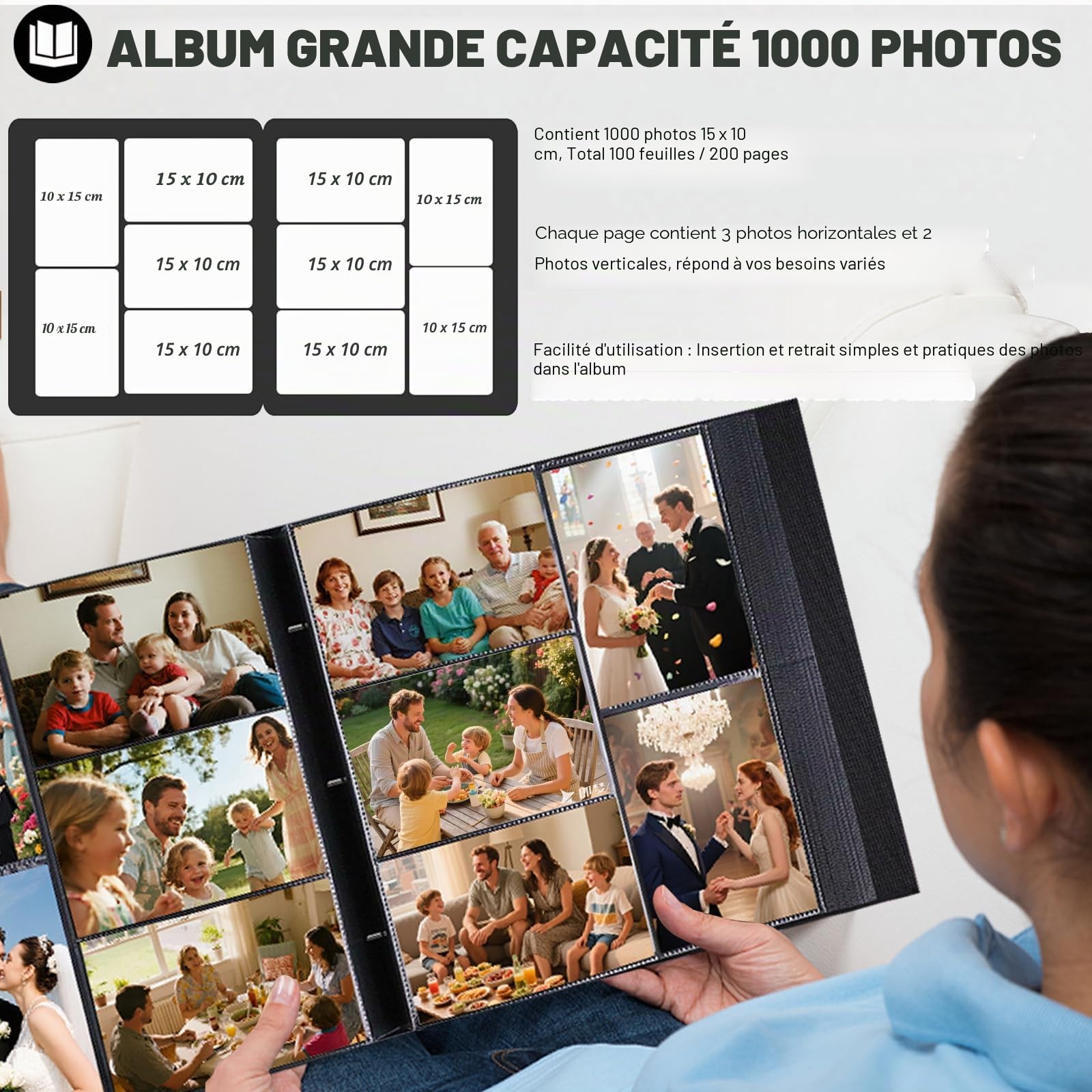 Ruibytree Album Photo Pochettes 10x15 pour 1000 Photos, Extra Grand Format, Couverture en Lin avec Fenêtre Avant, Accueille Photos Horizontal et Vertical, Idéal pour Famille, Mariage (Noir)