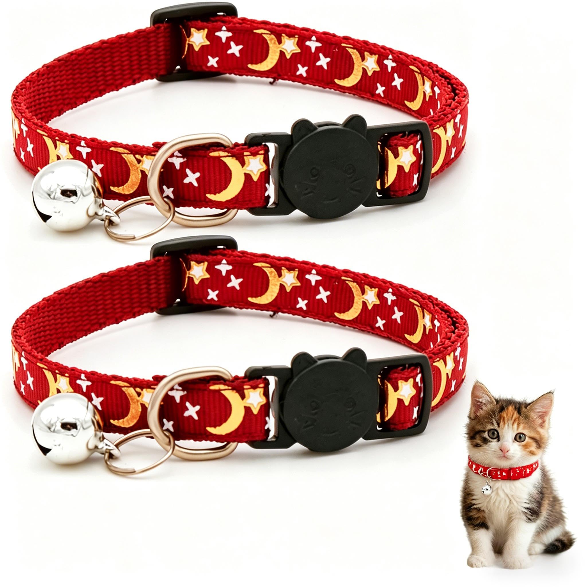 Reflective Adjustable Cat Collar with Bell, Moon Star Print Kitten Collar with Safety Breakaway Buckle, Cute Cat Collar for Cats Kittens, Multiple Colors Available (2 Pack)