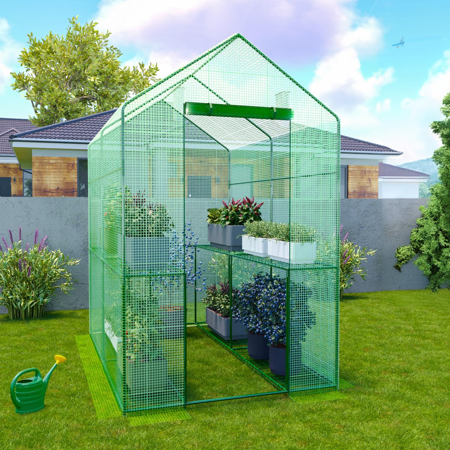 Serra Da Giardino Per Orto Con 4 Ripiani In Metallo Telaio In Acciaio Telo Retinato In Propilene Trasparente Porta Avvolgibile Apertura A Cerniera Protezione Piante Giardinaggio 186 x 120 x 190 Cm
