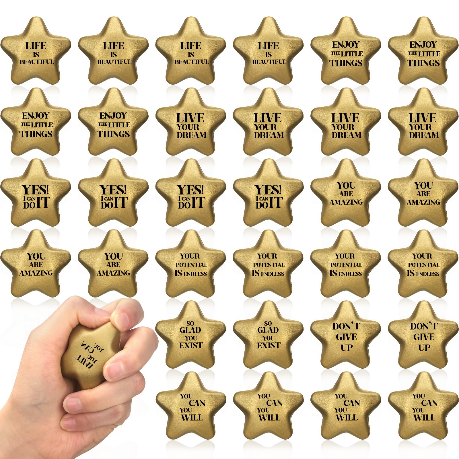 Jenaai 36 Pcs Motivational Stress Balls Bulk Inspirational Quotes Relief Gold Star Foam Ball Hand Exercise Stress Relief Gifts for Students Friends Anxiety Motivating Encouraging Supply 2.2inch