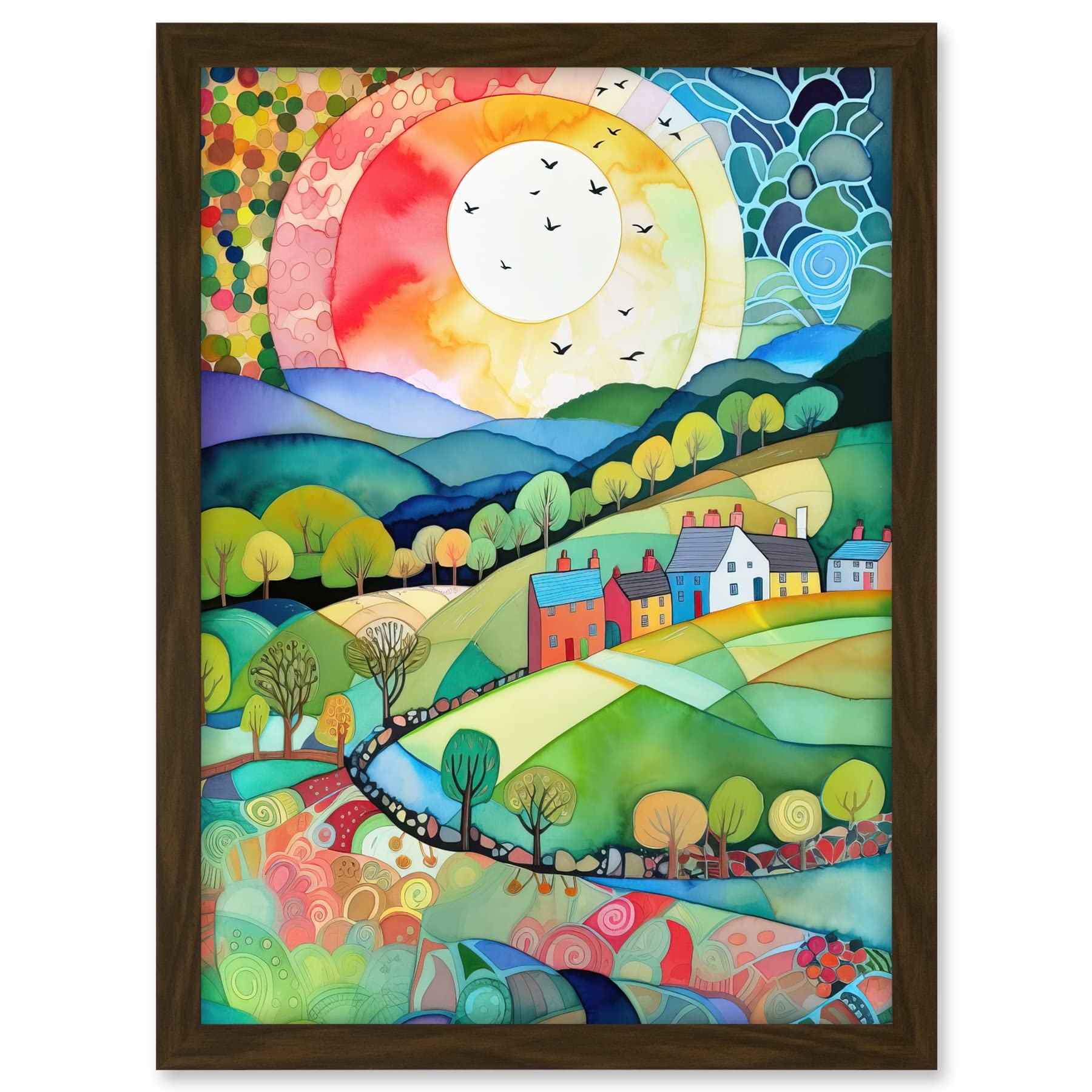 Artery8 Rural Landscape English Countryside Sunrise Folk Art Watercolour Painting Artwork Framed A3 Wall Art Print