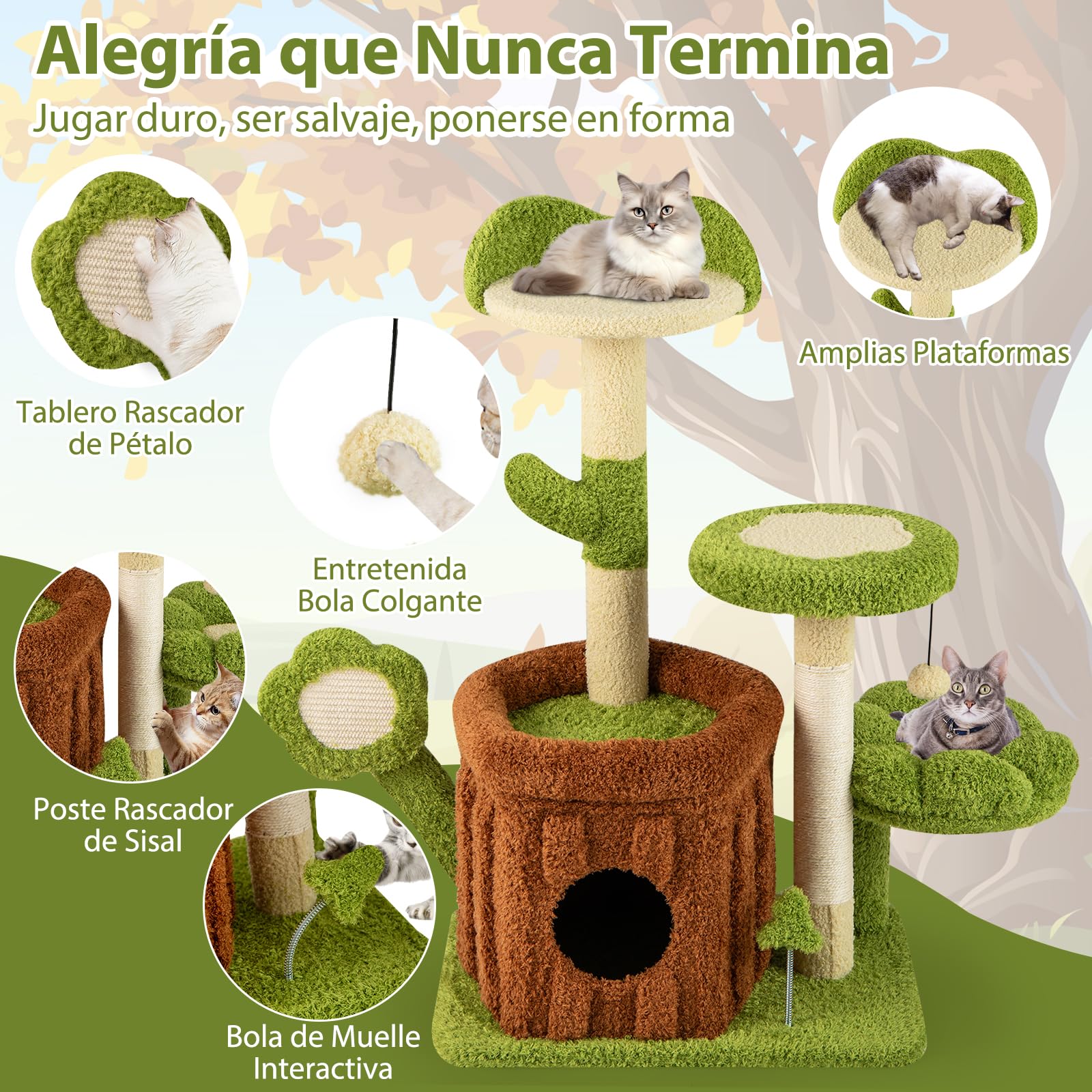 COSTWAY Árbol para Gatos de Bosque, Torre Multinivel con Condominio de Tronco, Percha Floral Acolchada, Rascador de Sisal y Juguetes, Centro de Actividades para Gatitos y Adultos, Verde + Marrón