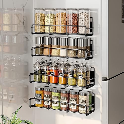 Trouwids Estante magnético para especias para refrigerador, paquete de 4 estantes magnéticos para especias, estante magnético de metal con 8 ganchos