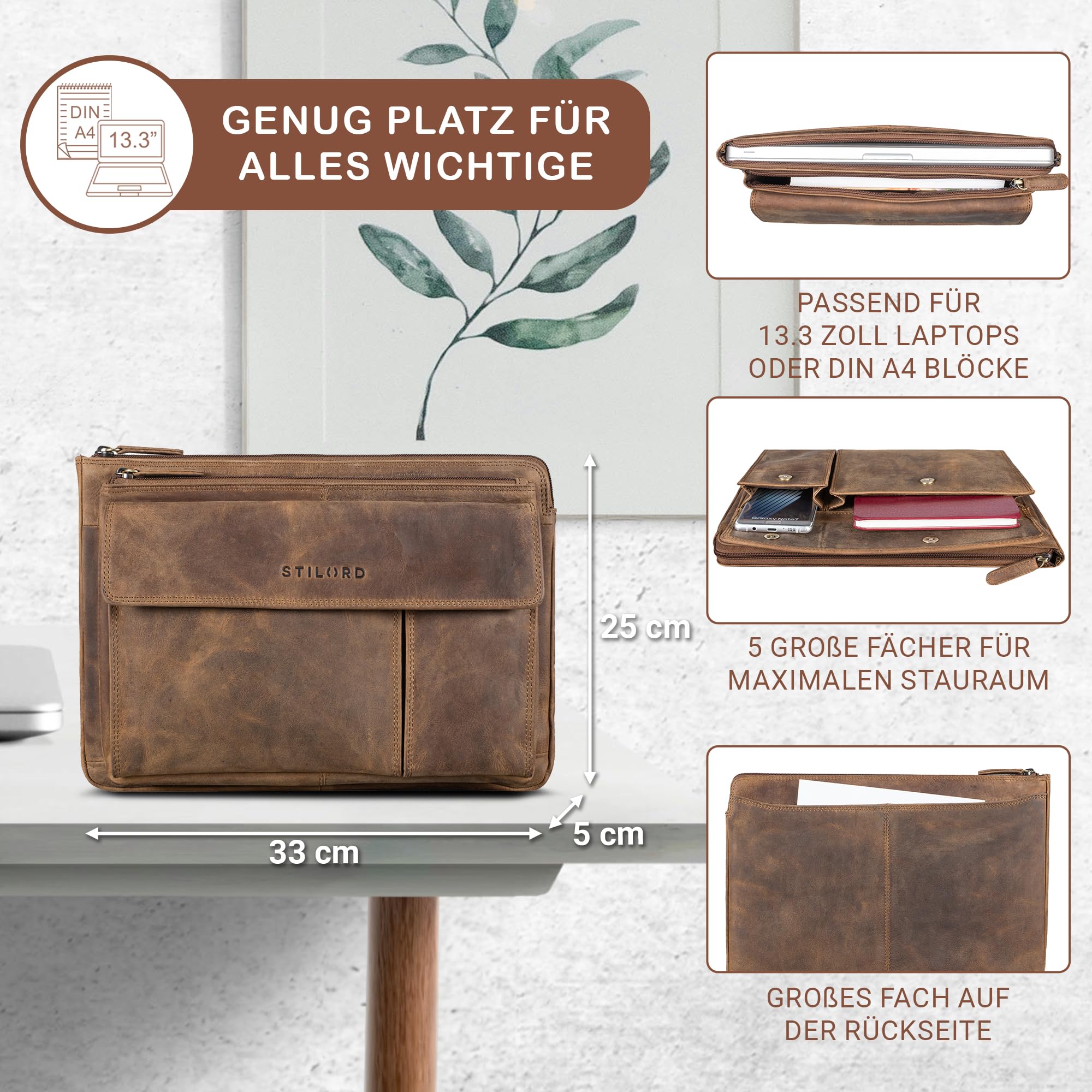STILORD Arbeitsmappe A4 aus Leder braun - 13,3 Zoll Konferenzmappe - Vintage Dokumententasche - Aktenmappe aus Echtleder Dalton