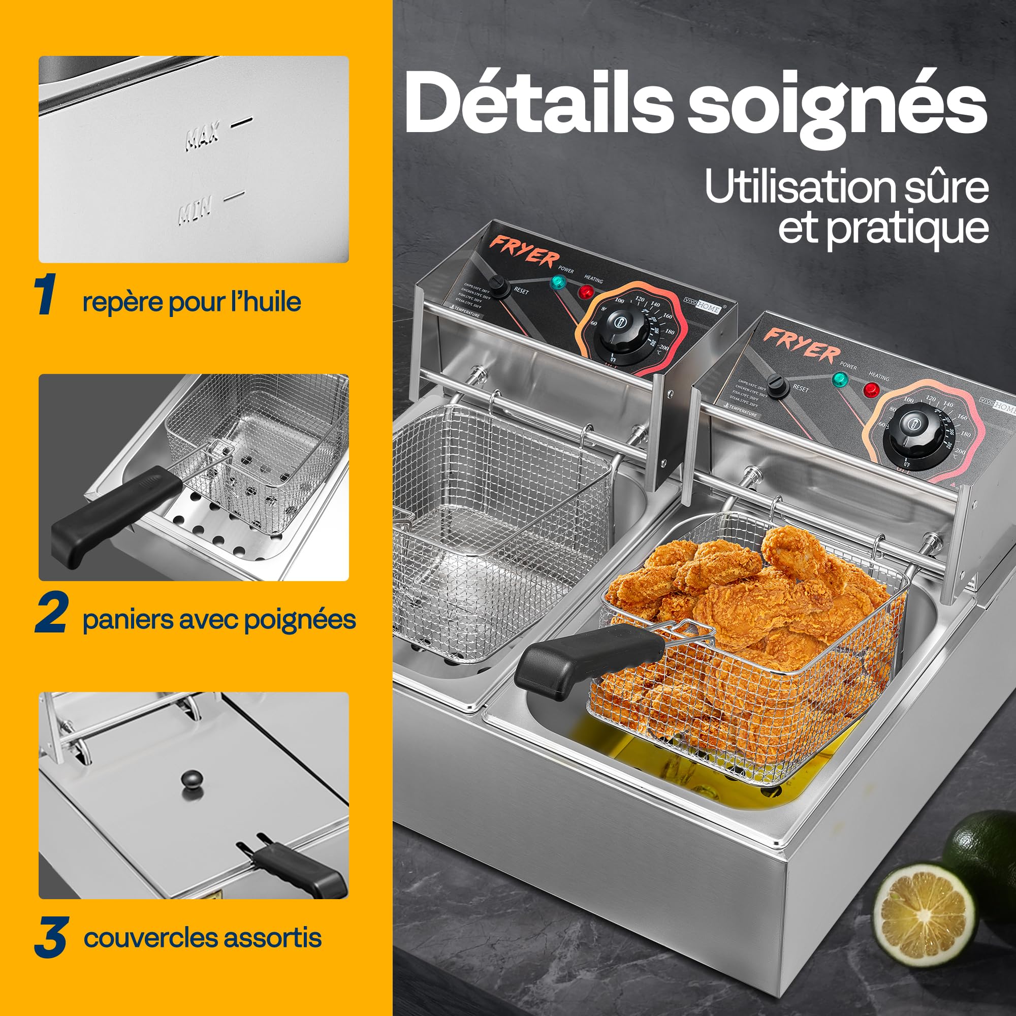 VIVOHOME Friteuse 20L avec Technologie Zone Froide professionnelle 5000W Double Compartiment Filtration Automatique de l'Huile Facile à Nettoyer