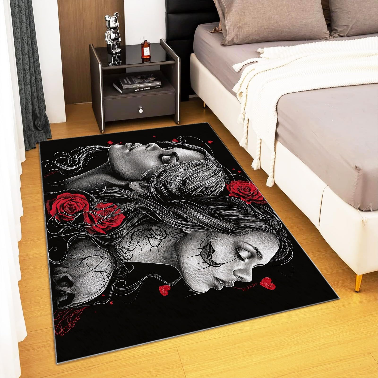 Halloween 3D dywany 140 x 200 cm antypoślizgowy dywan gotycki róże czaszki salon czarny pluszowy dywan nowoczesny dywan do wnętrz dywan podłogowy do salonu sypialni