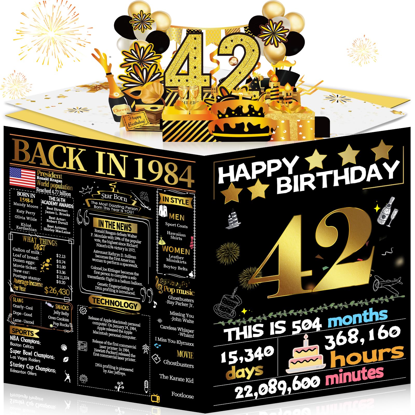 Joycard 42nd Birthday Card for Women Men, 3D Pop Up Happy Birthday Gift for Her Him, Funny 42 year old Birthday Decorations for Wife Husband, Back in 1984 Laser Gold Retro Theme