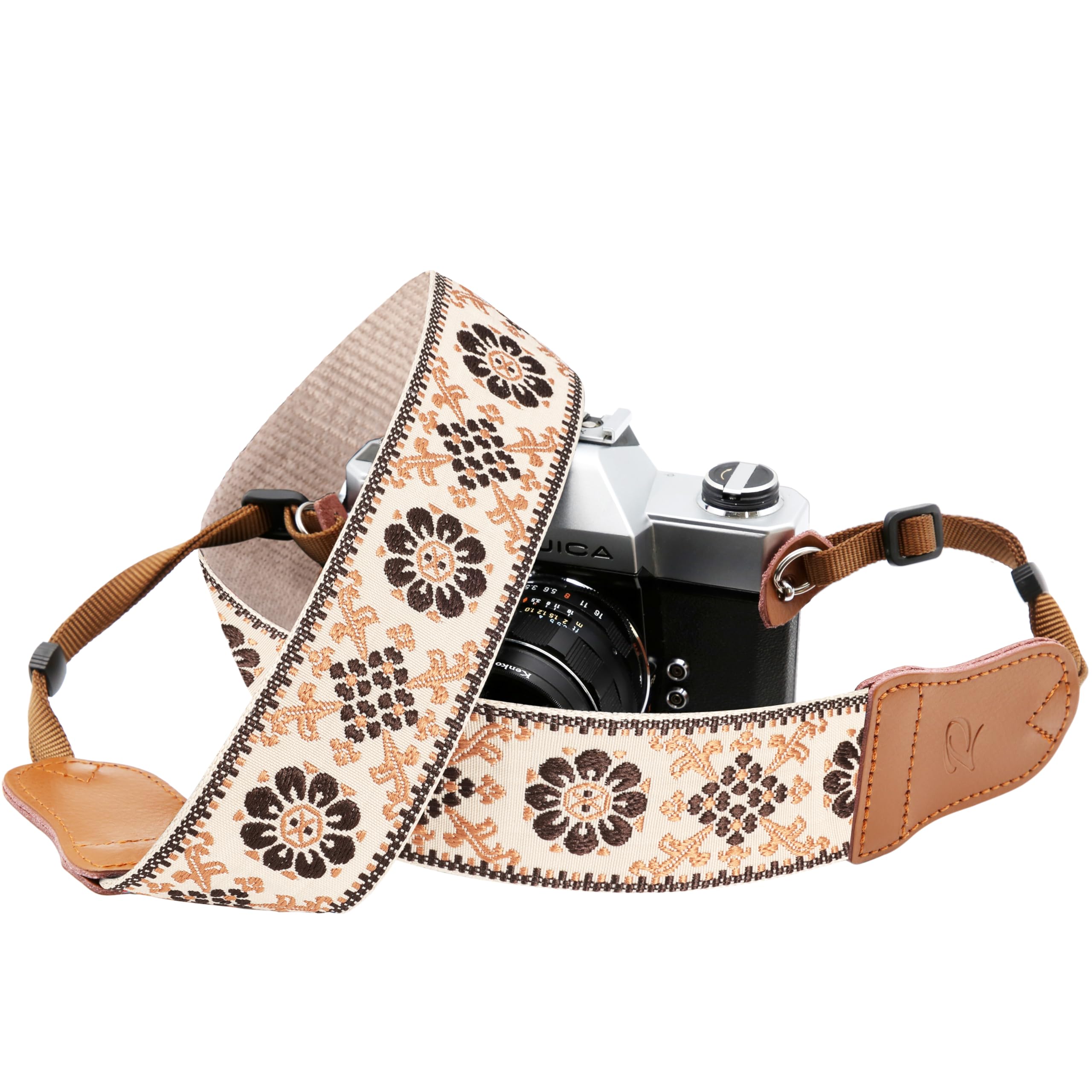 Padwa Lifestyle Elegant Brown Floral Camera Strap - 2" Cowhide Head Camera Straps for Photographers,Adjustable Vintage Jacquard Embroidery Woven Cotton Shoulder Neck Strap for Cameras,Binoculars