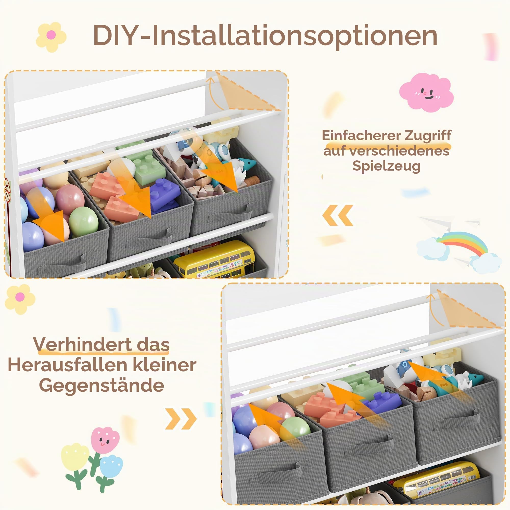 HOCSOK Kinderregal mit 9 Boxen, Regal Kinderzimmer mit Bücherregal, Spielzeugregal Kinderzimmer für Schlafzimmer Kindergarten, 1 Packung