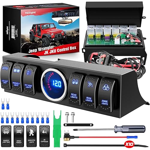 Nilight 6 Gang Rocker Switch 12V Panel Relay Box Circuit Control System with 80A Breaker Covers and Removals for Jeep Wrangler JK JKU 2007-2018