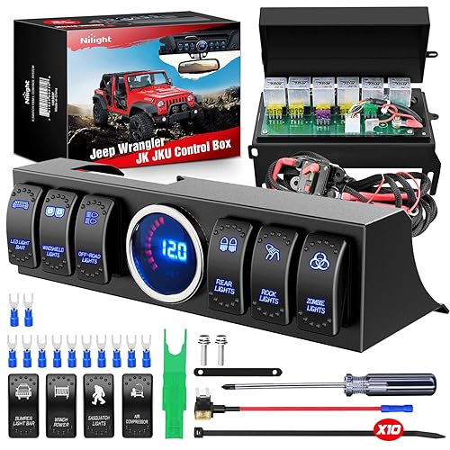 Nilight Interruptor basculante de 6 cuadras, 12 V, sistema de control de circuito de caja de relé de panel con cubiertas de interruptor de disyuntor