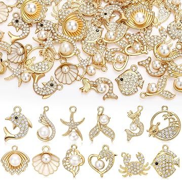 Landical 48 Pcs Gold Beach Charms for Jewelry Making Assorted Gold Ocean Sea Starfish Seashell Mermaid Crab Fish Jewelry Pendants for Summer Bracelet Necklace Earring DIY Craft Making Supplies