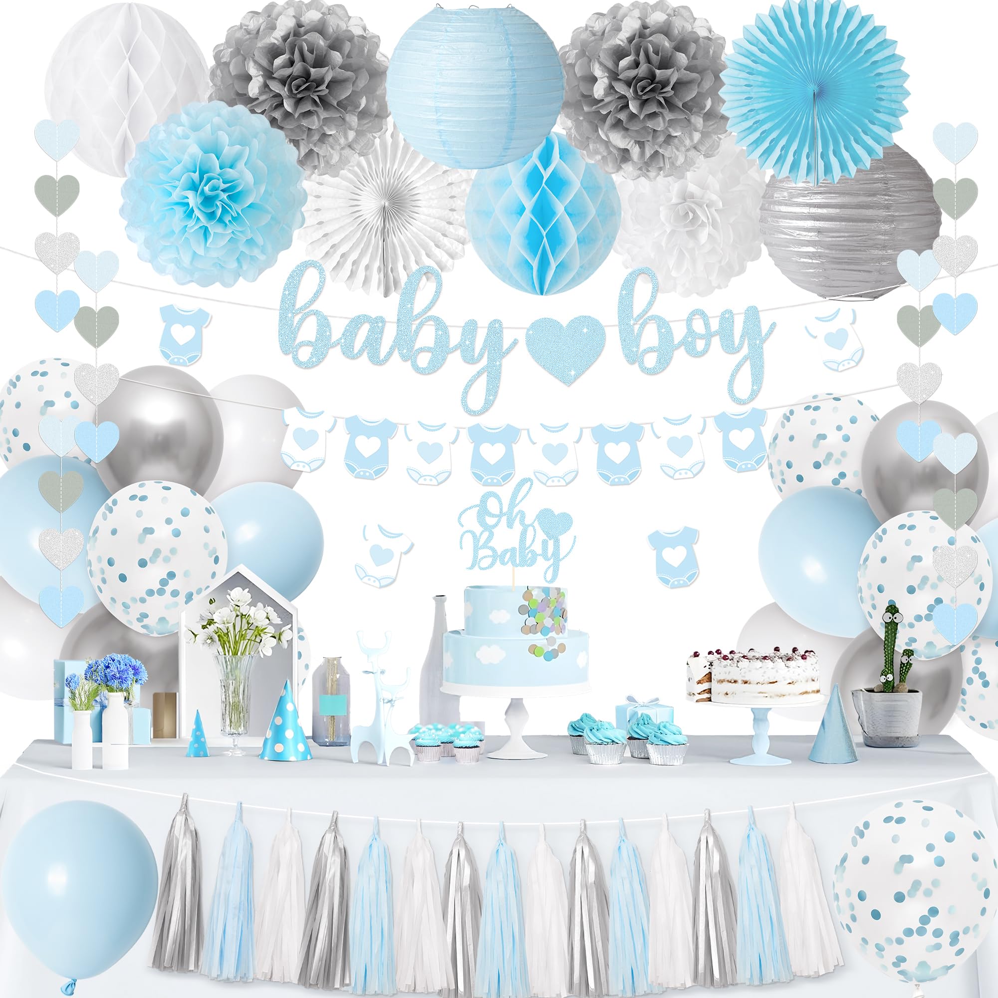 Kriyokiaa Baby Boy Shower Decorations 16 Pcs Blue Baby Shower Decorations for Boy with Banner, Confetti Balloons, Paper Pom Poms Lantern, Cake Topper Perfect for Indoor & Outdoor Party Decor