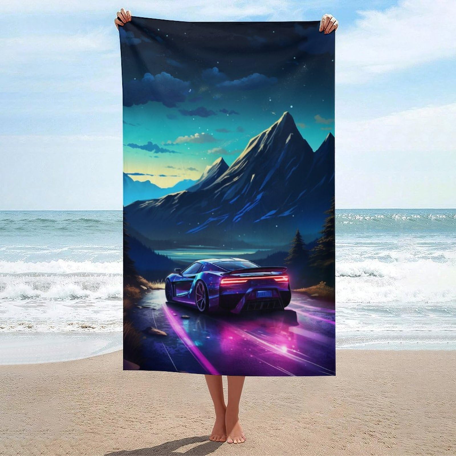 Serviette de plage légère 130x80cm microfibre séchage rapide au motif Neon Night Drive