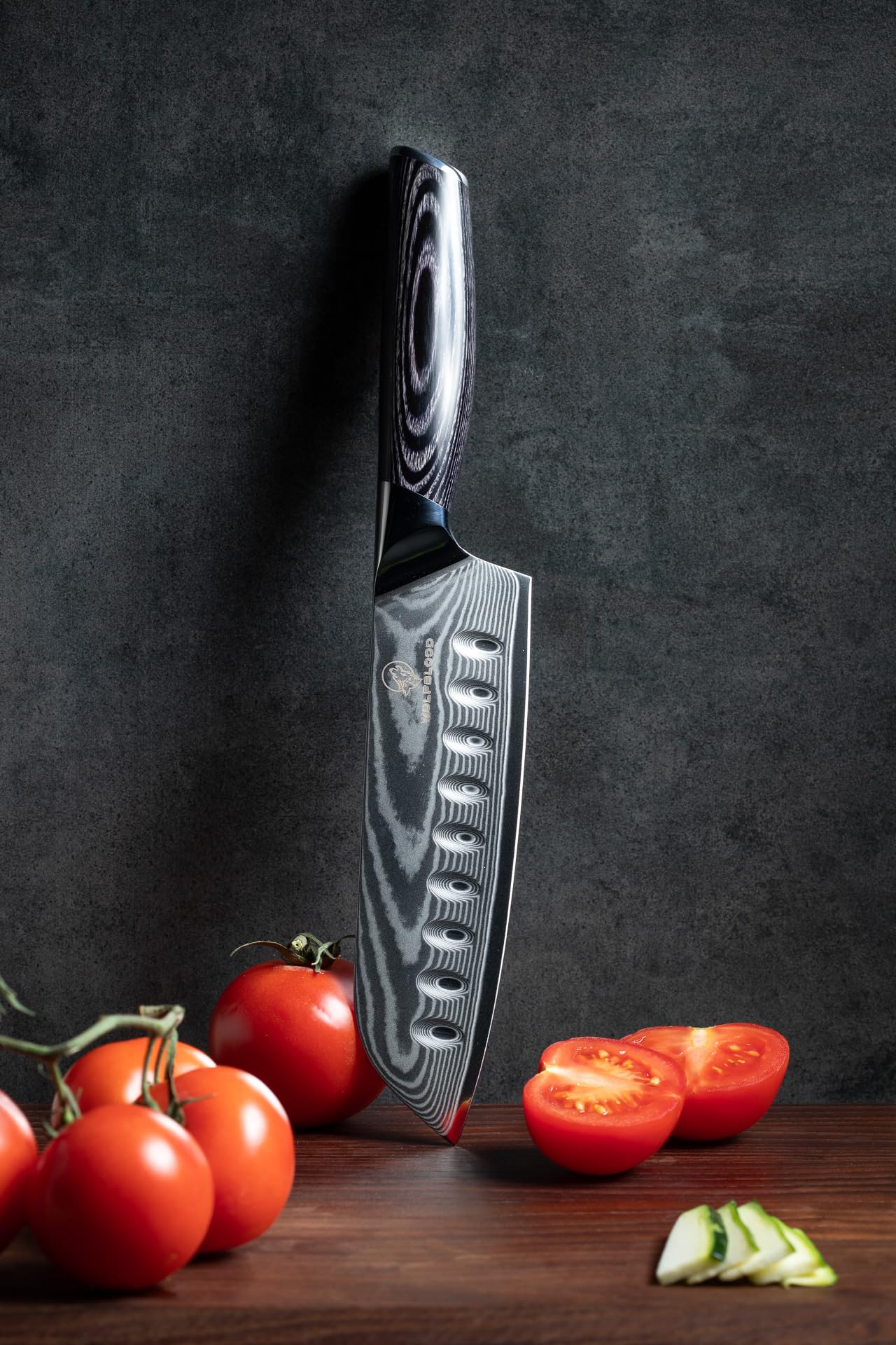 Wolfblood PRO Damastmesser Santoku Messer XL (31cm) TÜV geprüfter 62 HRC Damaststahl aus 67 Lagen I Damast-Küchenmesser Santokumesser mit Holzgriff Geschenkbox und Klingenschutz
