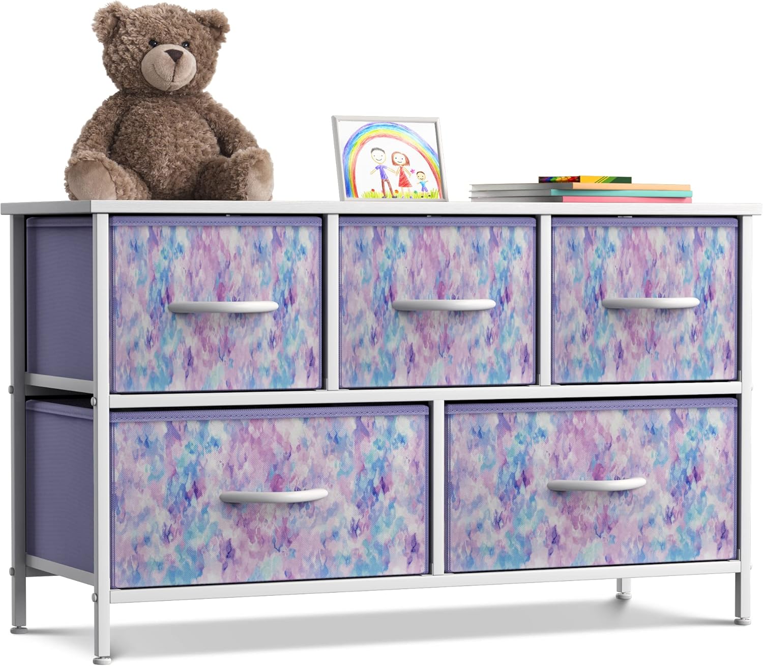 Sorbus Kids Dresser with 5 Drawers - Storage Chest Organizer Unit with Steel Frame, Wood Top, Easy Pull Fabric Bins - Long Wide TV Stand for Bedroom Furniture, Hallway, Closet & Office Organization Tie-dye Purple