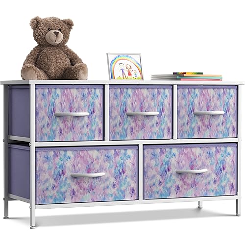 Sorbus Kids Dresser with 5 Drawers - Storage Chest Organizer Unit with Steel Frame, Wood Top, Easy Pull Fabric Bins - Long Wide TV Stand for Bedroom Furniture, Hallway, Closet & Office Organization