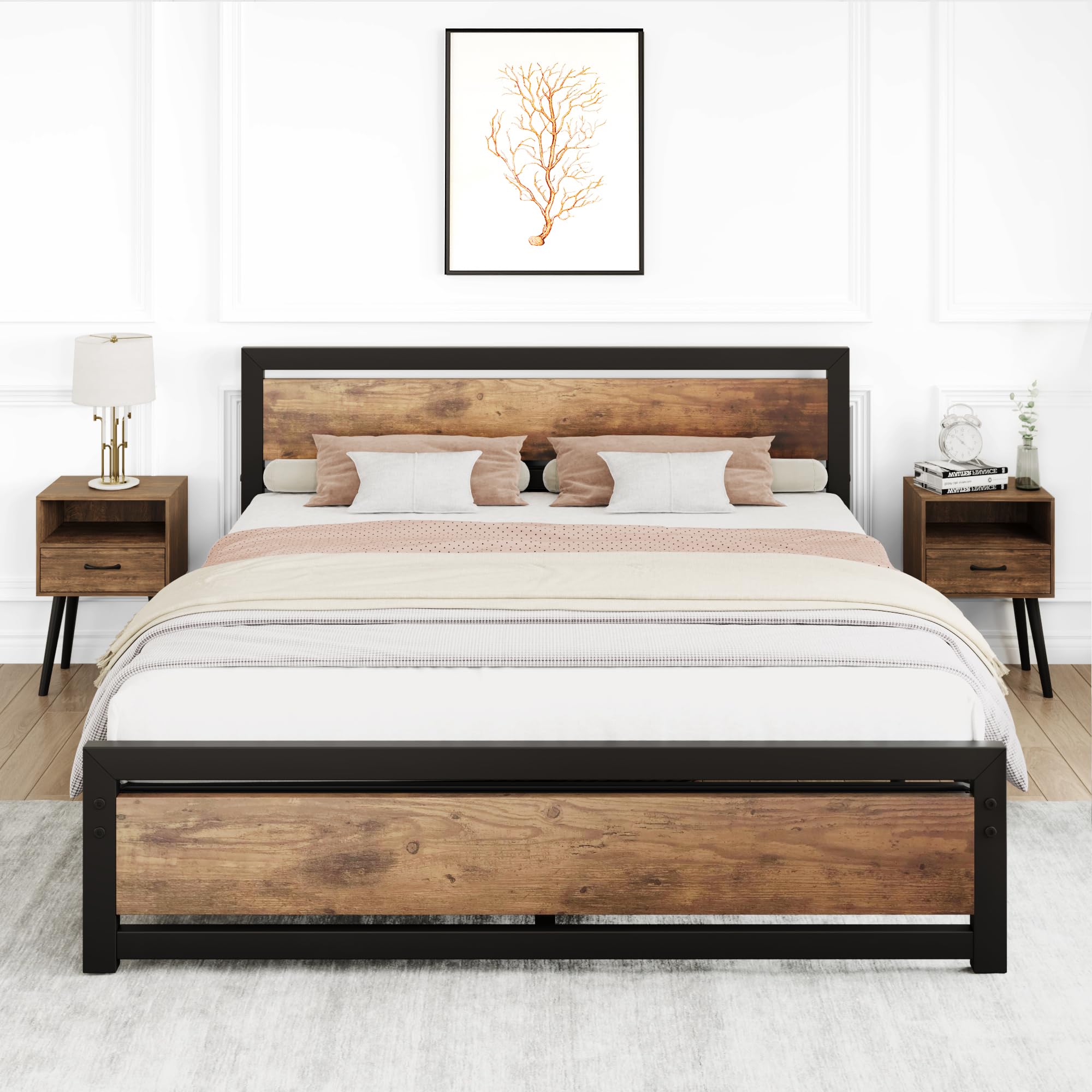 GAOMON Full Size Bed Frame Platform with Headboard, Industrial Full Bed Platform Frame with Heavy Duty Steel Slat, No Box Spring Needed Easy to Assemble 14 inch Wooden Bedframe - Full