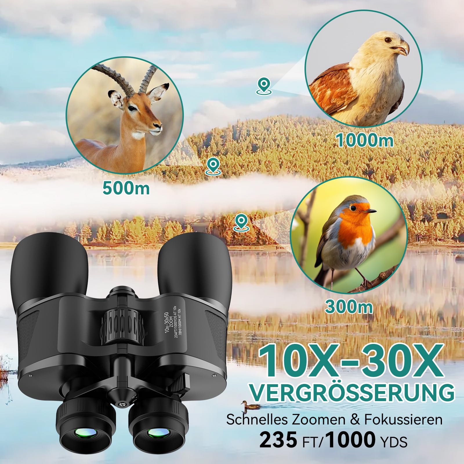 MLight 10-30x50 Zoom-Fernglas für Erwachsene, leistungsstarkes Fernglas für Vogelbeobachtung, Jagd, Outdoor, Wandern, Konzerte, großes Sichtfeld, BK7-Prisma, FMC, Nachtsicht bei schwachem Licht