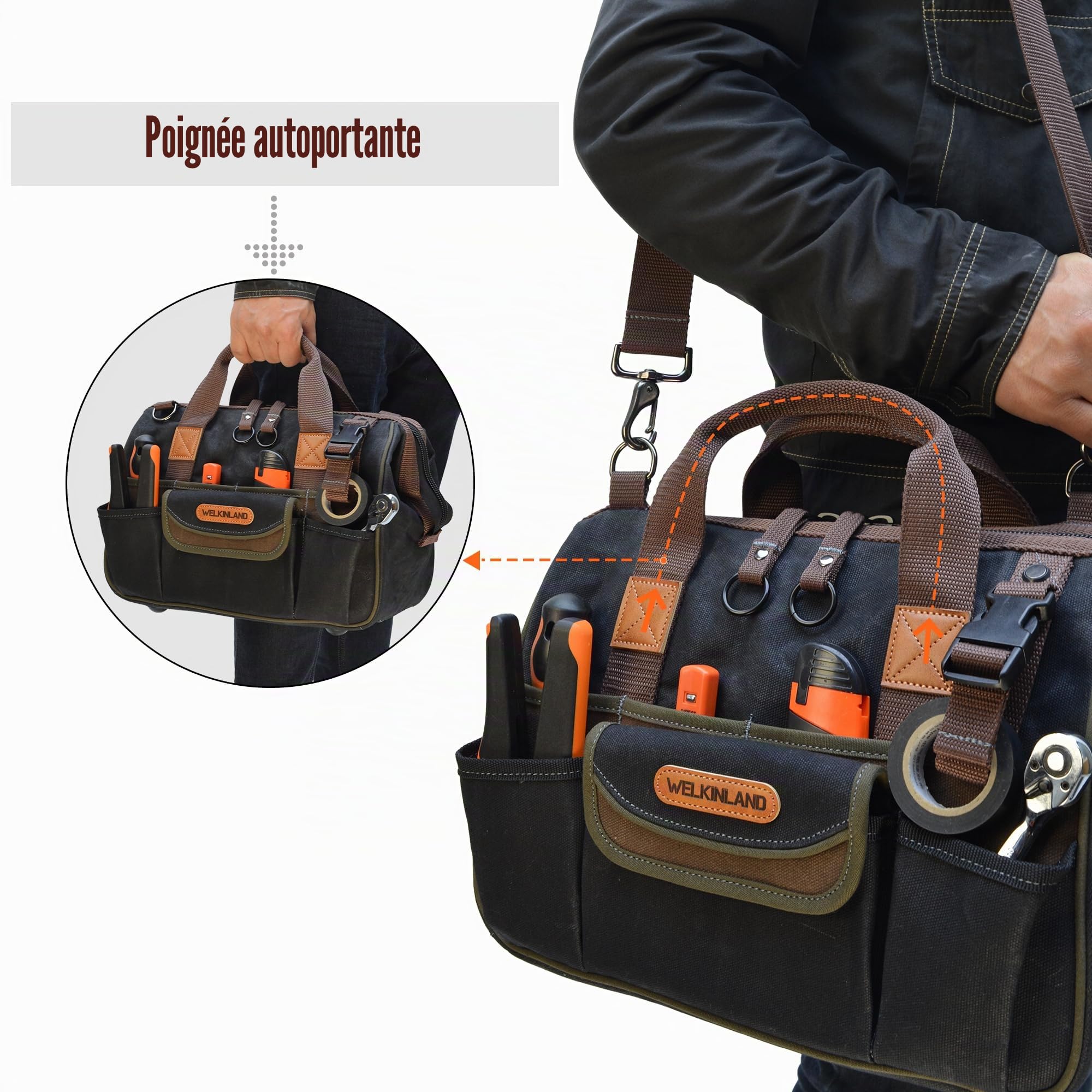 WELKINLAND Sac à outils en toile à 30 poches, 35,6 cm de sacs cirés robustes, sac fourre-tout pour outils, électricien de ligne pour électriciens, sac à outils pour hommes de service en noir/brun