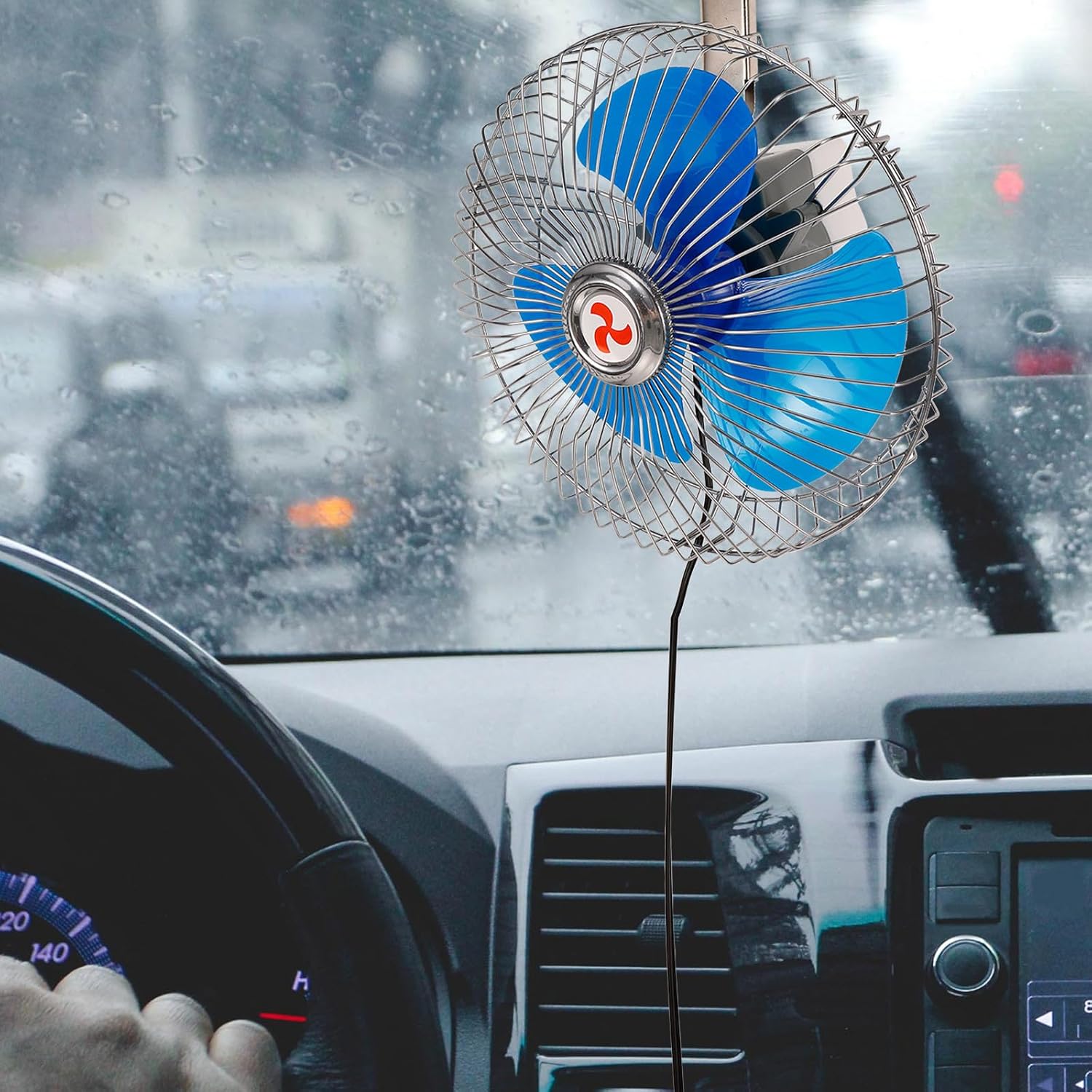 Luxshiny 8 Inch 12v Car Oscillating Fan, Portable Clip-on Dashboard Cooling Fan, Stainless Steel Plastic, Blue
