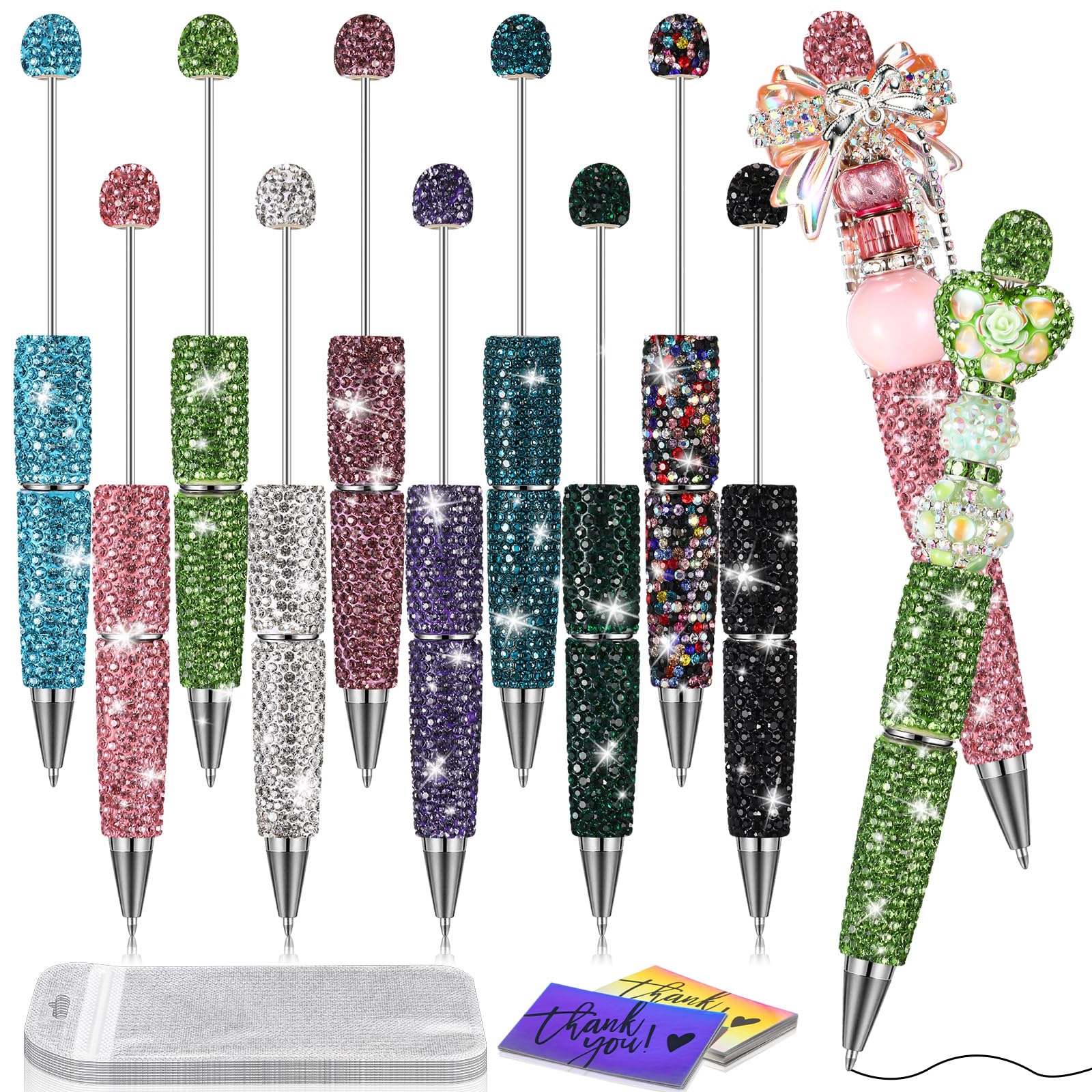 Sayglossy 30 Pcs Rhinestone Beadable Pens Kit 10 Fancy Diamond Pens with Cards & Bags DIY Beaded Glitter Bling Ballpoint Pen for Craft Making