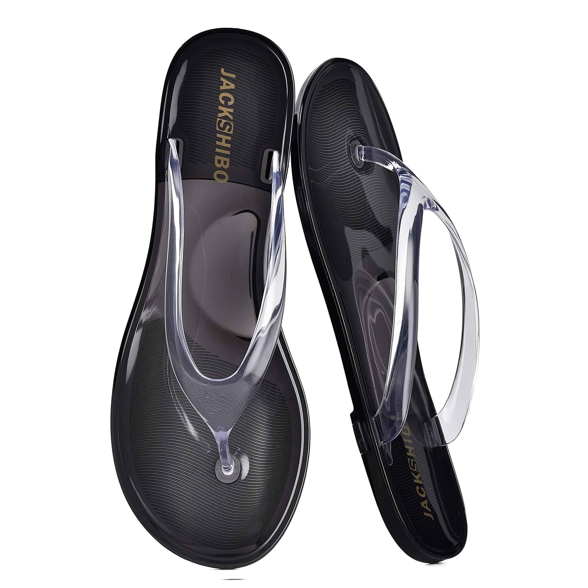 JACKSHIBO Jelly Flip Flops for Women Slip on Thong Sandals Clear Slides Fashion Trendy Sandals, Summer Beach Walking, Non Slip Flat for Shower Pool, Waterproof, Transparent, PVC, Tortie Tortoise