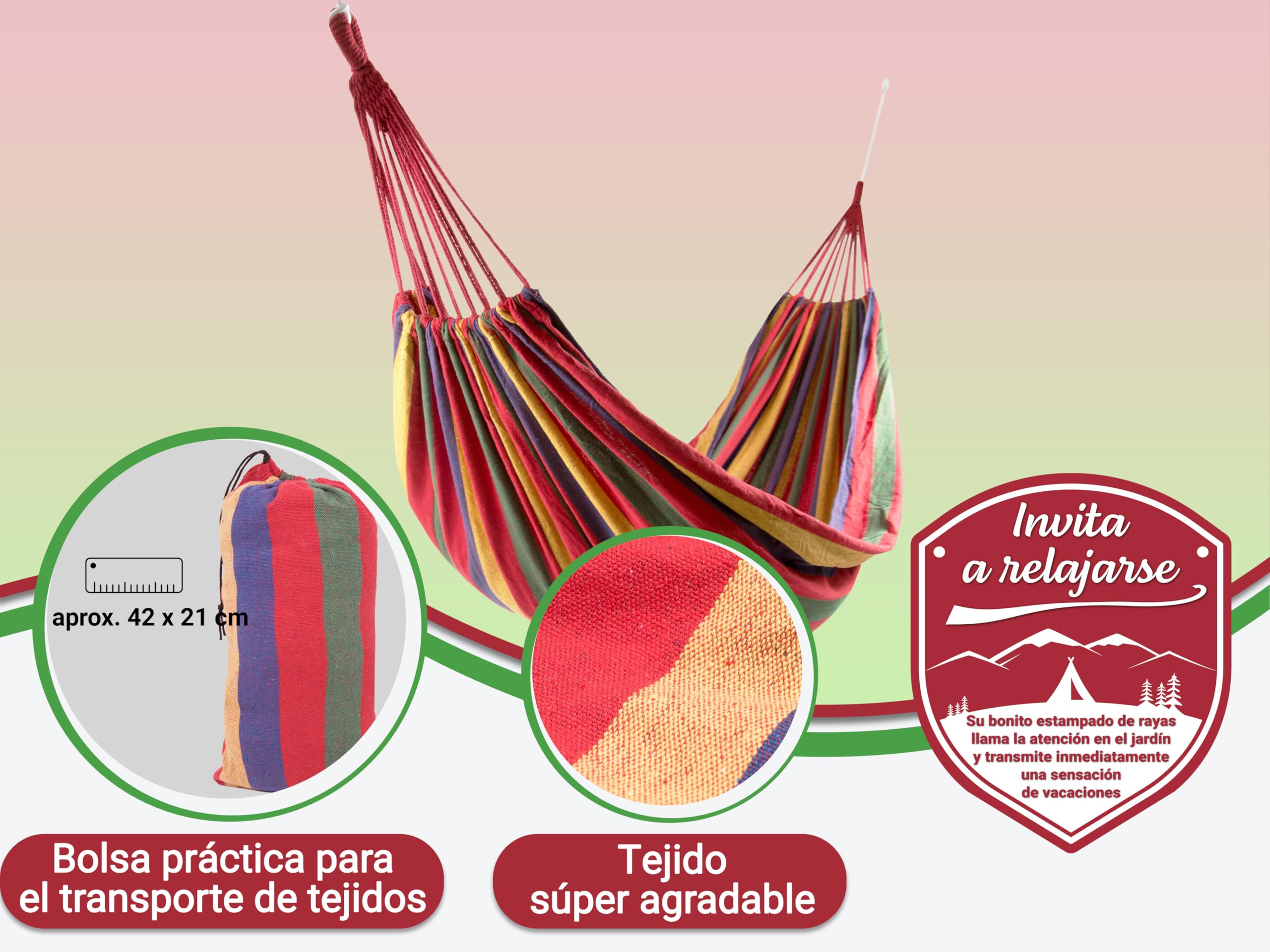 ZOLLNER Hamaca 210 x 150 cm - para una Persona - de Tejido Mixto - con práctica Bolsa de Transporte - Bonito diseño a Rayas - Alta Resistencia - en Color Rojo