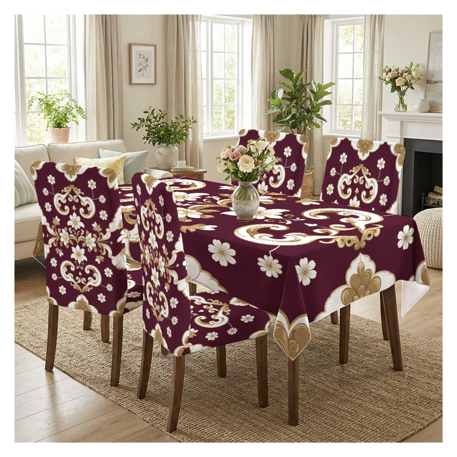 BOSUYBN Stretch Dining Chair Slipcover & Tablecloth Set, Burgundy Gold Damask Pattern Print, 5/7 Pack, Luxury Classic Vintage Dining Decor Table Setting(5pcs Set: Tablecloth+Chair Covers)