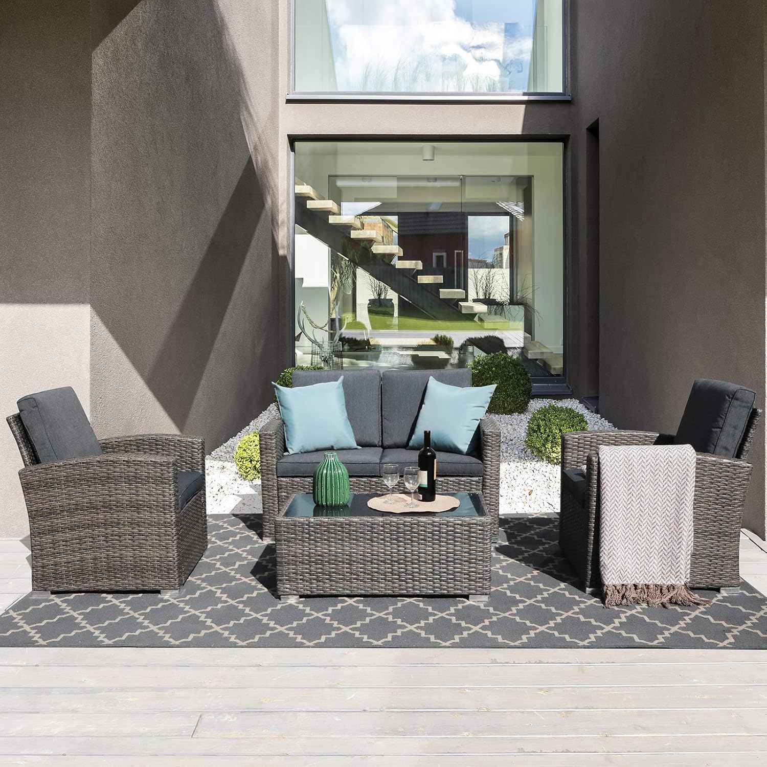 JOIVI Patio Furniture Set, 4 Piece Outdoor Patio Conversation Set, All-Weather PE Rattan Wicker Sectional Patio Sofa Set with Tempered Glass Coffee Table, Dark Gray : Patio, Lawn & Garden