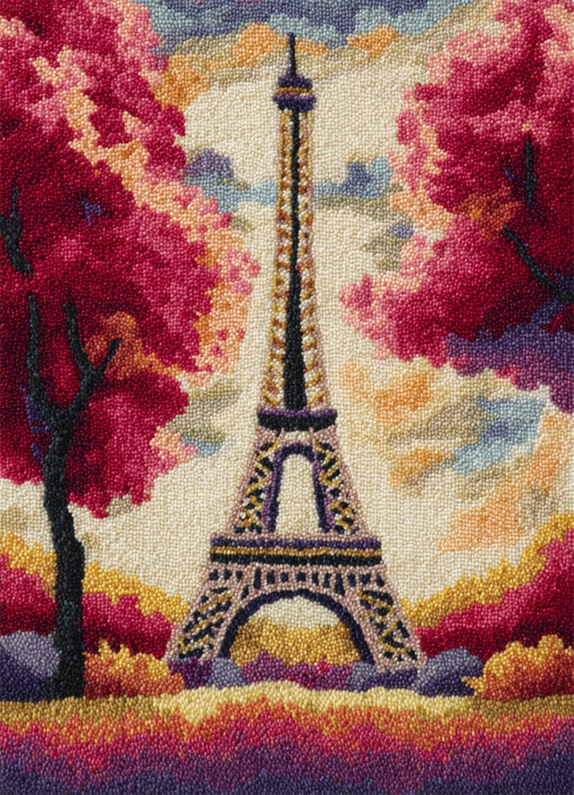 WallustrioaW paesaggio Kit per tappeti con gancio a scatto per adulti,Torre Eiffel e alberi fioriti,DIY kit per la creazione di tappeti con tela stampata,ricamo con filato all'uncinetto,60x90cm