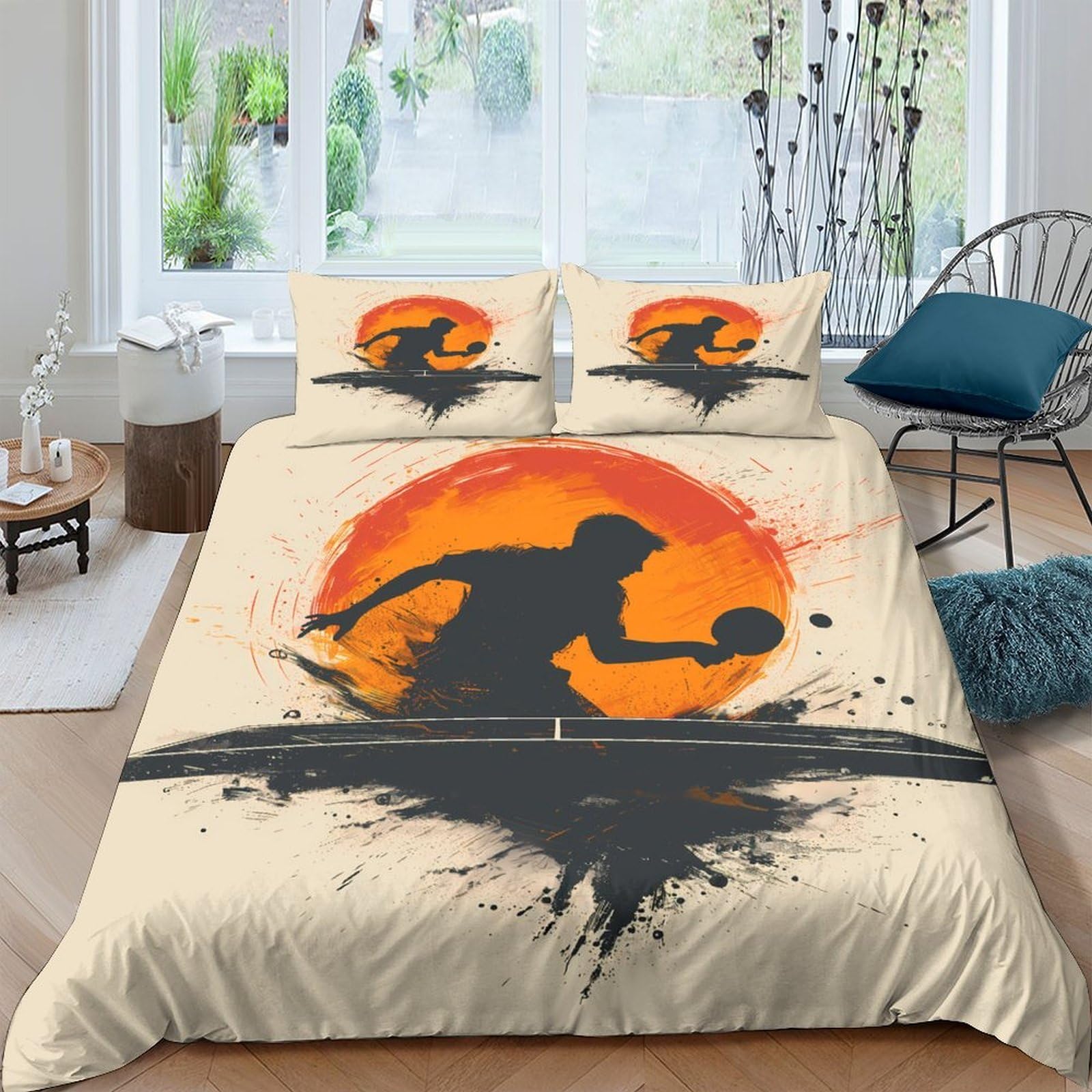 GPLZQXKJNH 3D Printed Table Tennis Player Duvet Cover Set Microfiber Soft Orange Sunset Sports Bedding with 2 Pillowcases for Bedroom Single（135x200cm）