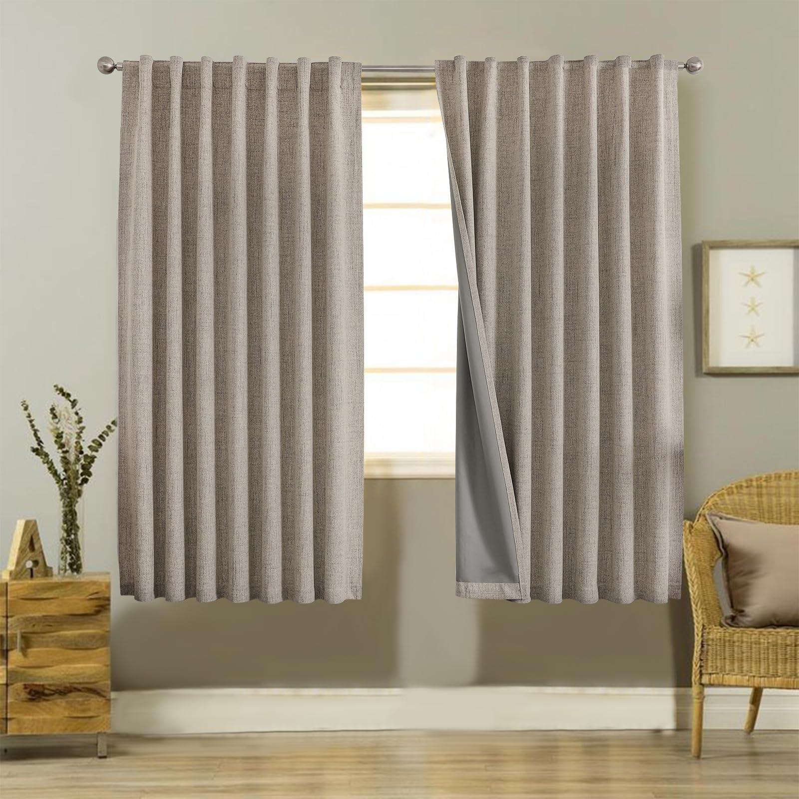 Joydeco 100% Cortinas Opacas 2 Piezas, Lino Cortinas Dormitorio con Pasadores Anti Luz Cortina Termica Aislantes Frio y Calor para Salon（2x175x140，Lino）