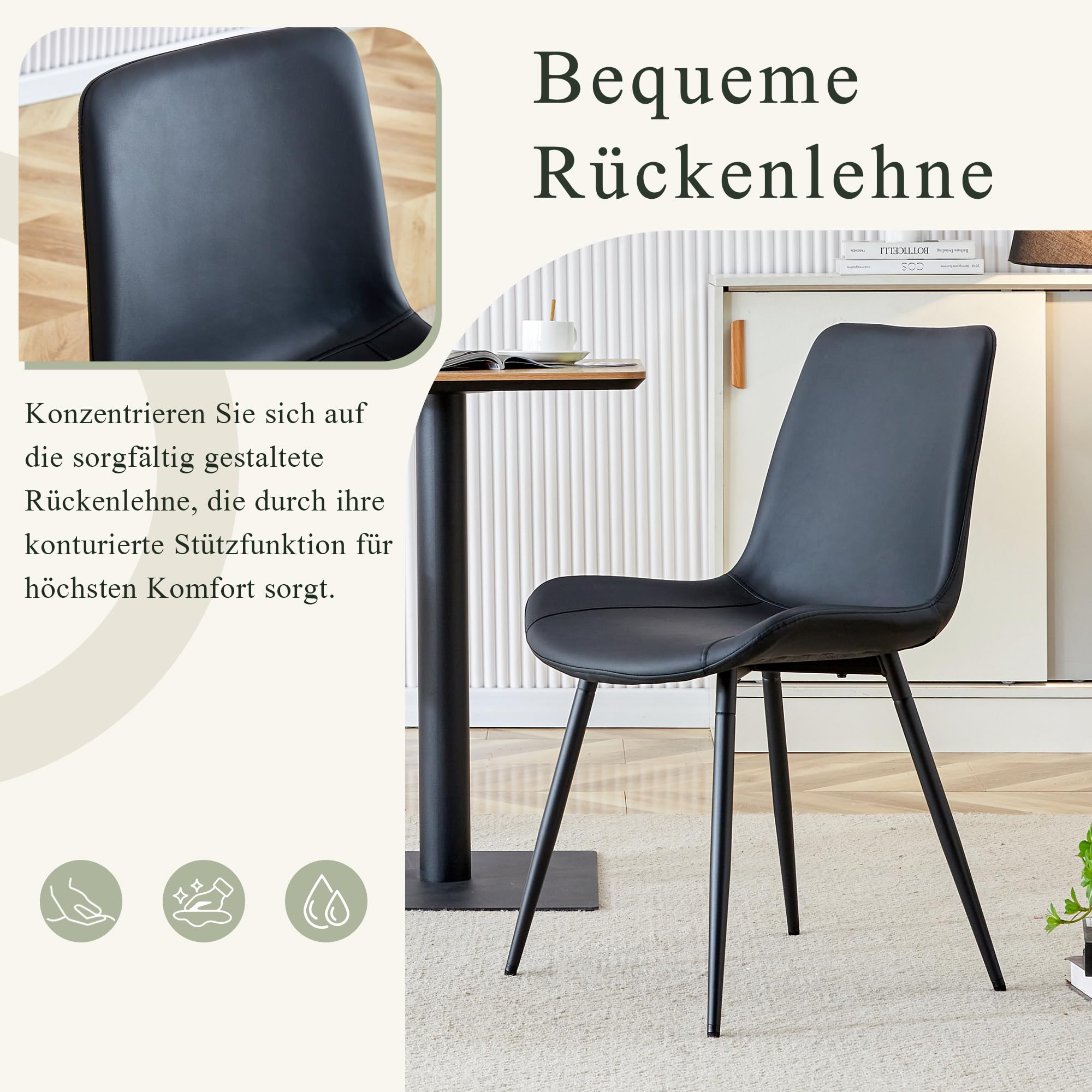 Set 4 Sedie da Pranzo Moderne in PU Leather, Sedute Ampie con Schienale Ergonomico, Piedi in Metallo Antiscivolo, Sedia per Esszimmer e Home-Office, Nero, 50x47x83cm