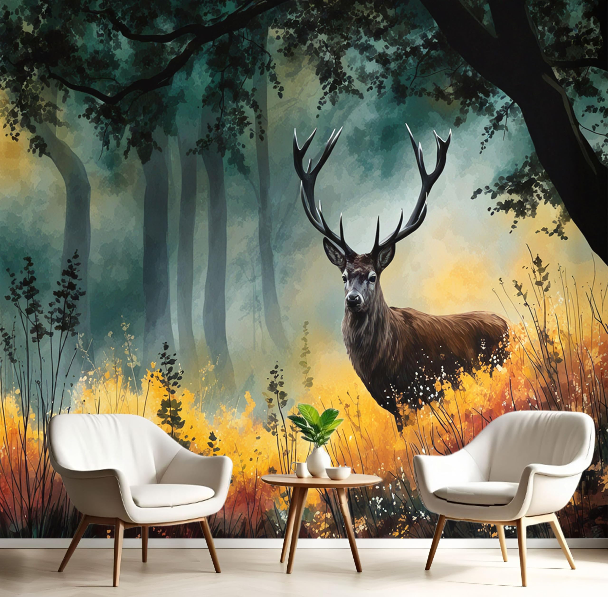 Papier peint cerf de forêt 3D pour salon : fresque aquarelle 200x140 cm