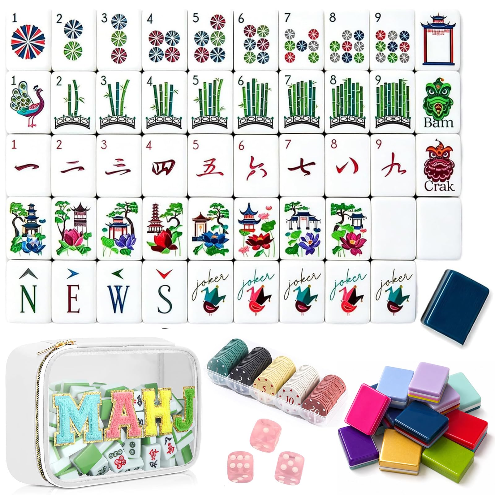 4 Layer Mahjong Tiles, 160 PCS Premium Acrylic Mahjong Tile Set with Clear Engraved Layered Tiles, American Mahjong Set with Dice & Carrying Bag, forTravel Game Nights Family Gatherings (set-8)