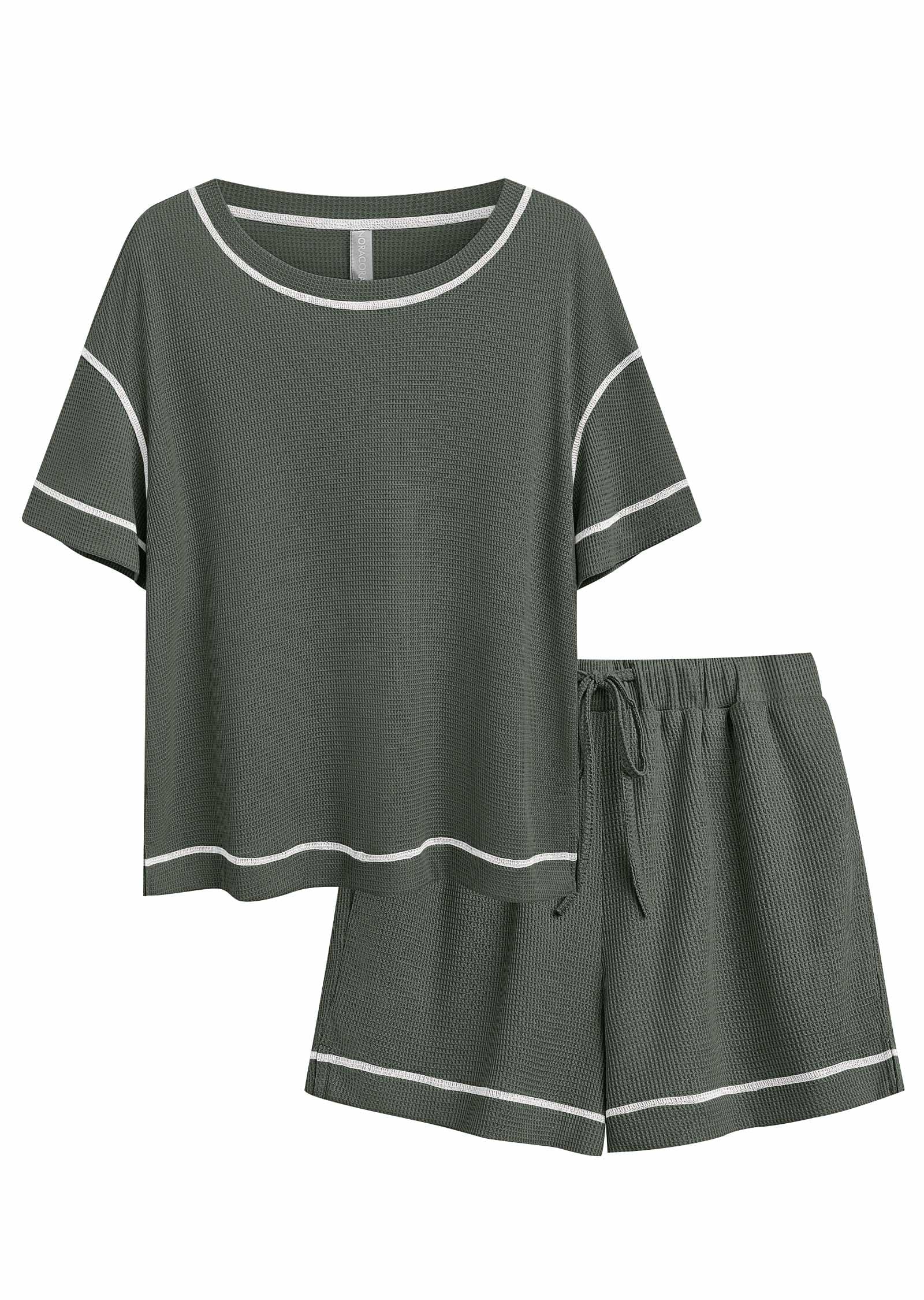 NORACORA Womens Pajama Sets Waffle Knit Lounge Set 2 Piece Matching Set Loungewear With Pockets