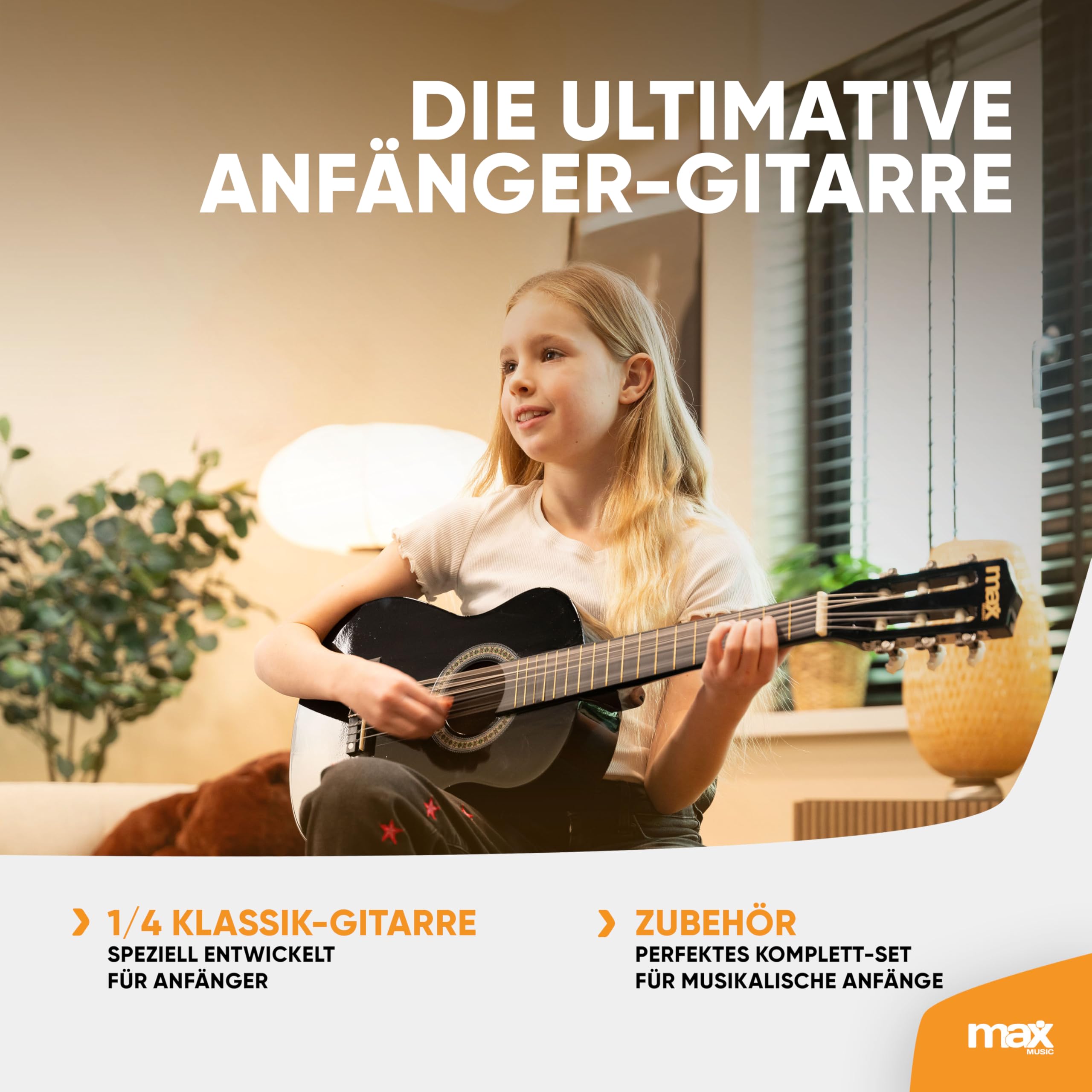 MAX SoloArt - 1/4 Gitarre Kinder ab 3 Jahre - Akustik Gitarre inkl. Gitarrenständer, Tasche, Plektrum, Gurt und Saiten-Zubehör, Kindergitarre 3 Jahre - Guitar in Schwarz