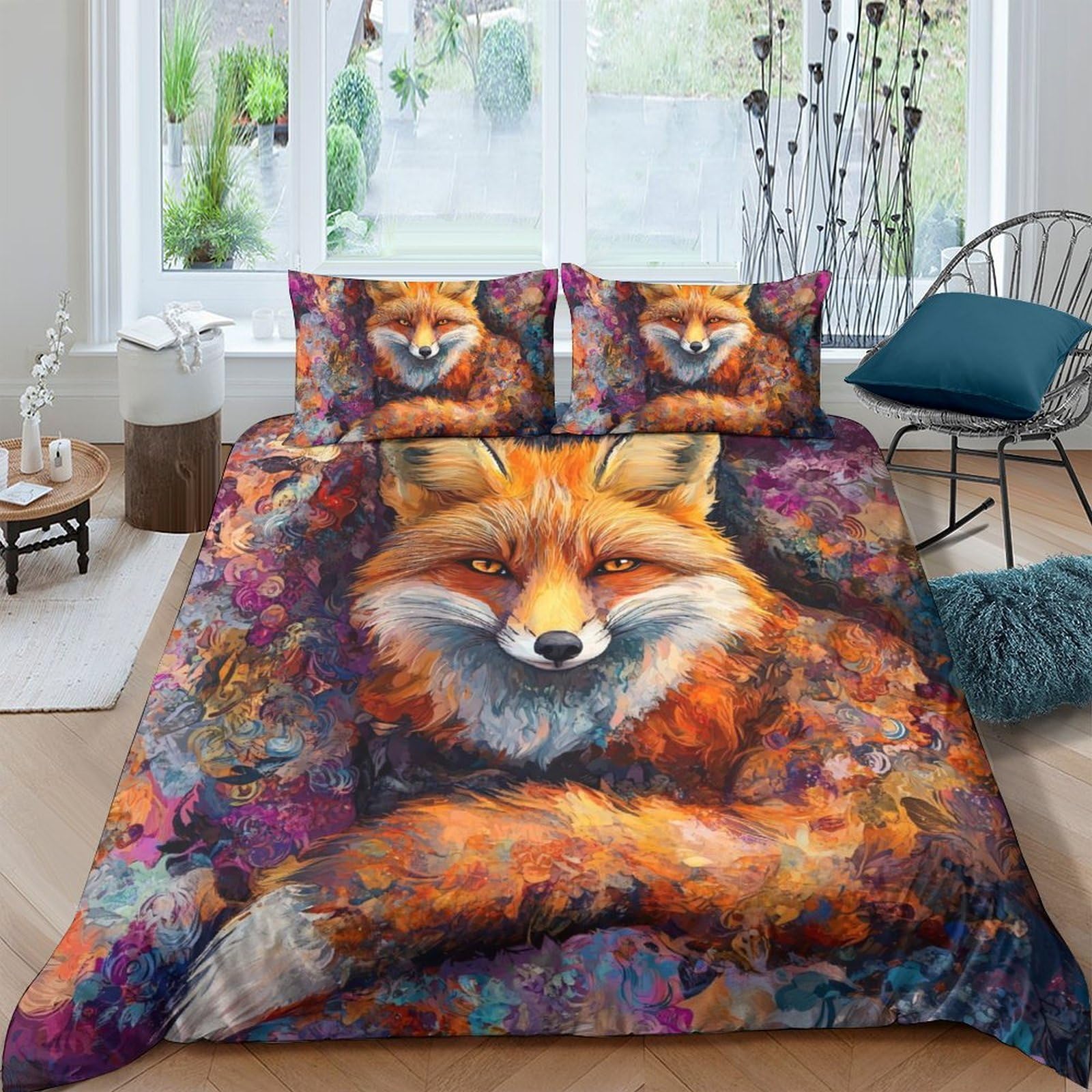 Ctjqhvkz Style-2 3D Printed Fox Forest Fitted Sheet Microfiber Artistic Orange Woodland Bed Cover For Bedroom Guest Room Decor Single（135X200cm）