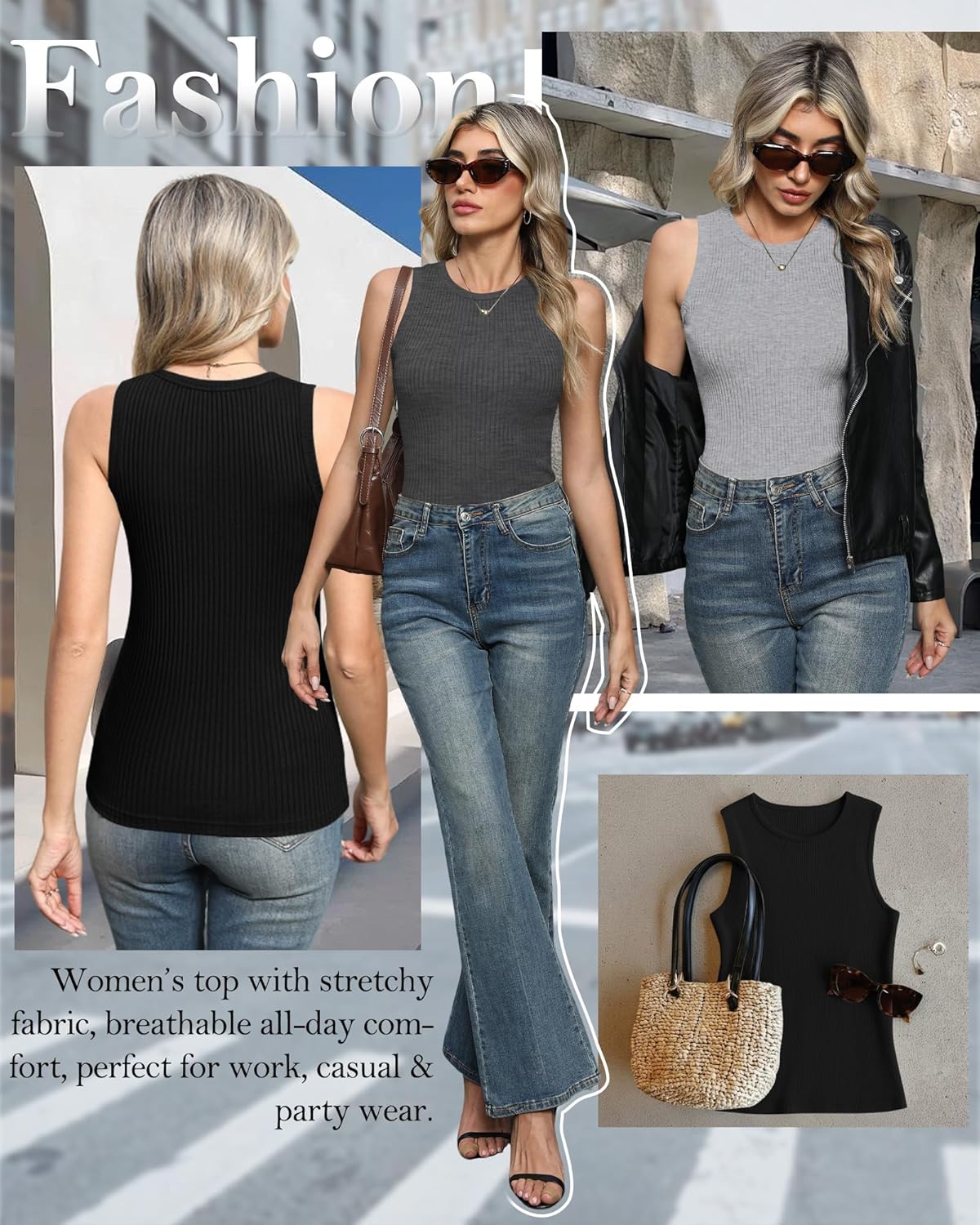 3 Pack Women's Ribbed Tank Tops Sleeveless Cotton Casual Knit Slim Shirts Crew Neck Summer Basic Tops - Image 6