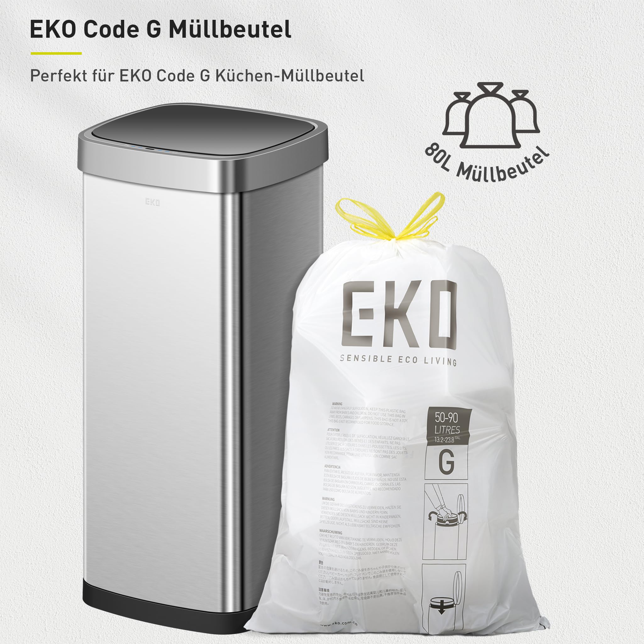 EKO EcoSmart 80L Sensor Mülleimer, großer hoher automatischer Abfalleimer, Soft-Close Deckel, fingerabdruckfrei, speziell für Ecken konzipiert, Edelstahl, elektrischer Mülleimer für Küche und Haushalt