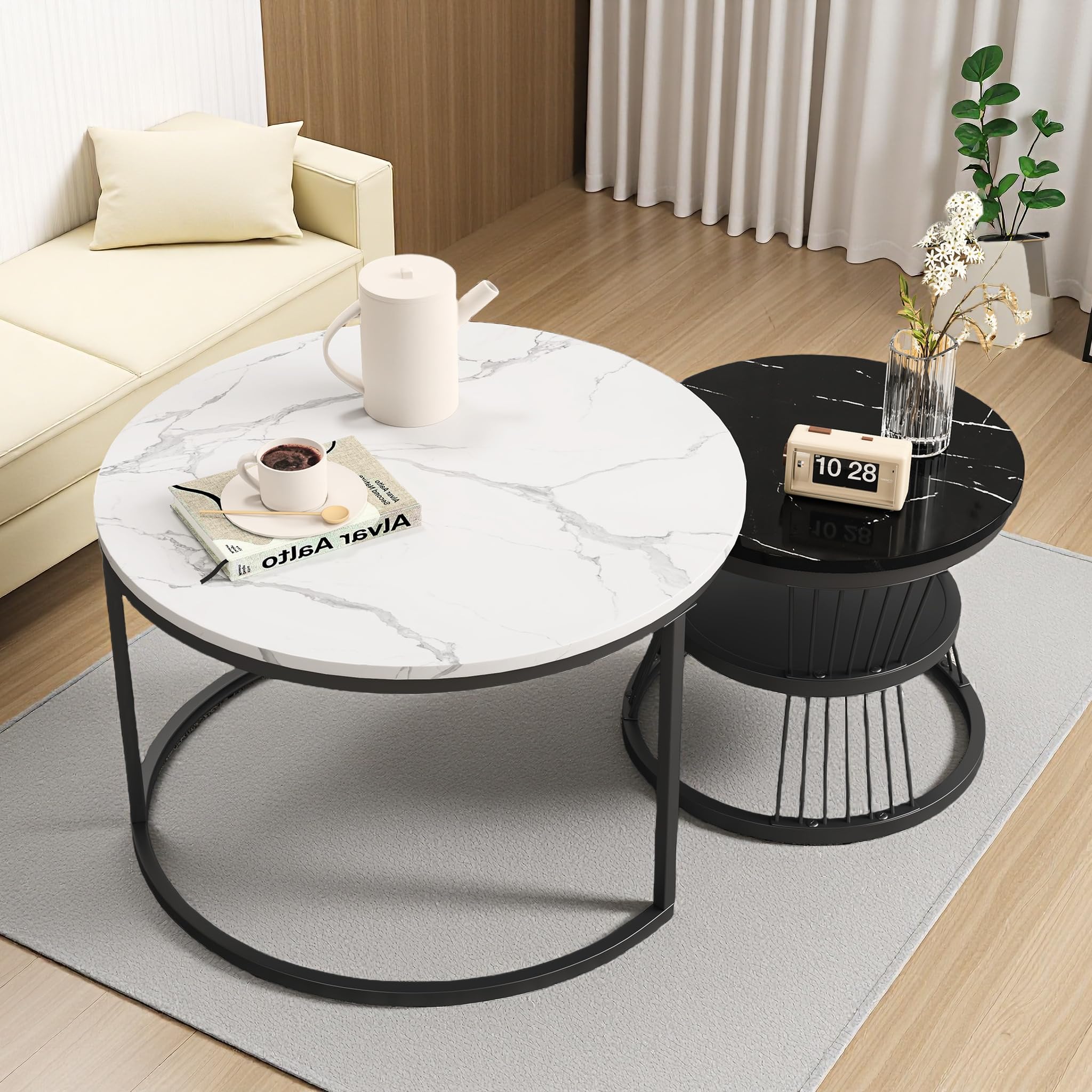 Juego de 2 mesas de centro redondas, mesa auxiliar con estructura de metal negro y tablero de mármol blanco, para salón, dormitorio, oficina, balcón (negro (b), 70 × 70 × 45,5 cm