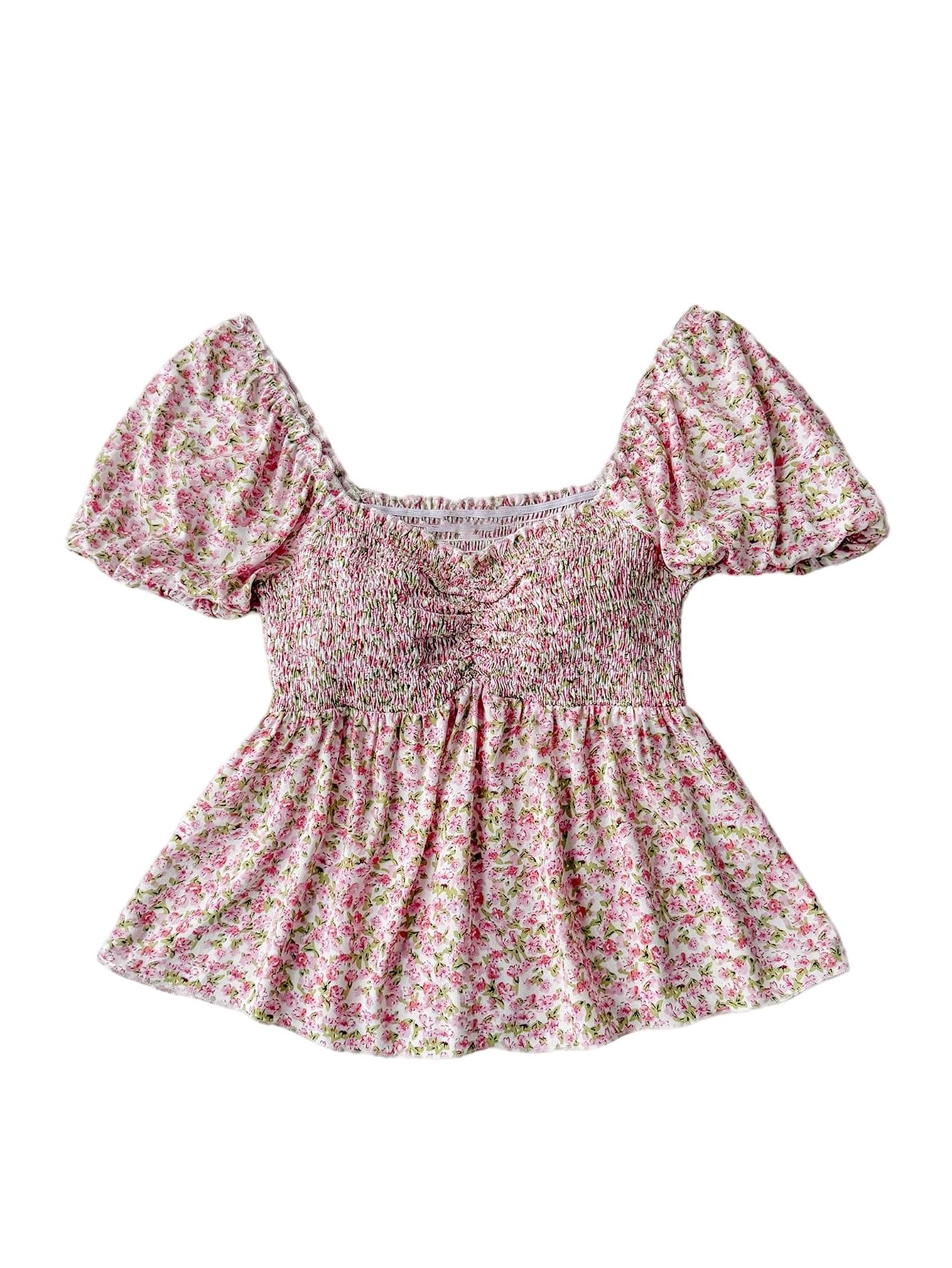 SHENHE Women's Summer Floral Puff Sleeve Peplum Blouse Smocked Sweetheart Neck Ruffle Boho Top