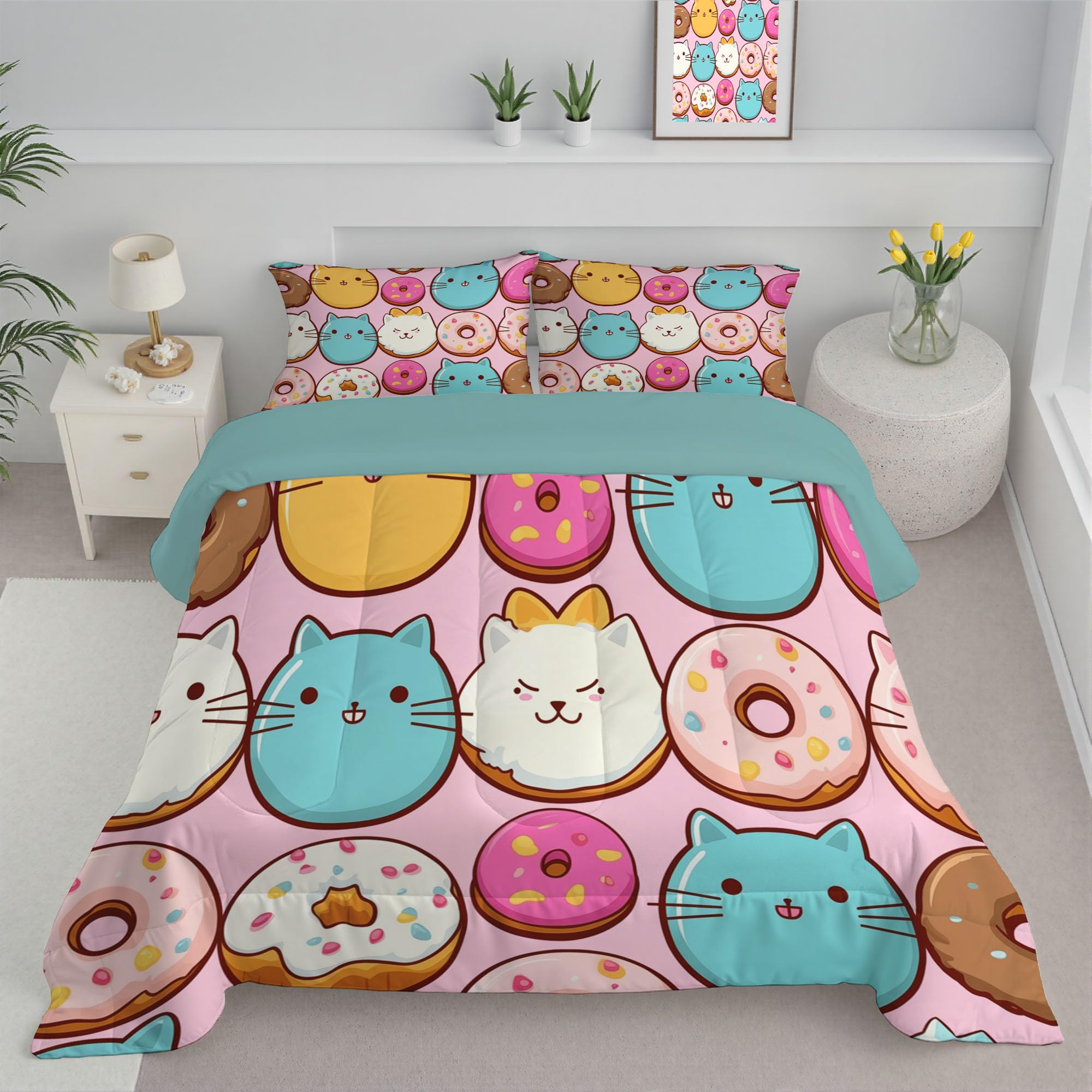 Couette 4 saisons 200x200cm chat sans housse lavable avec taie d'oreiller 65x65cm
