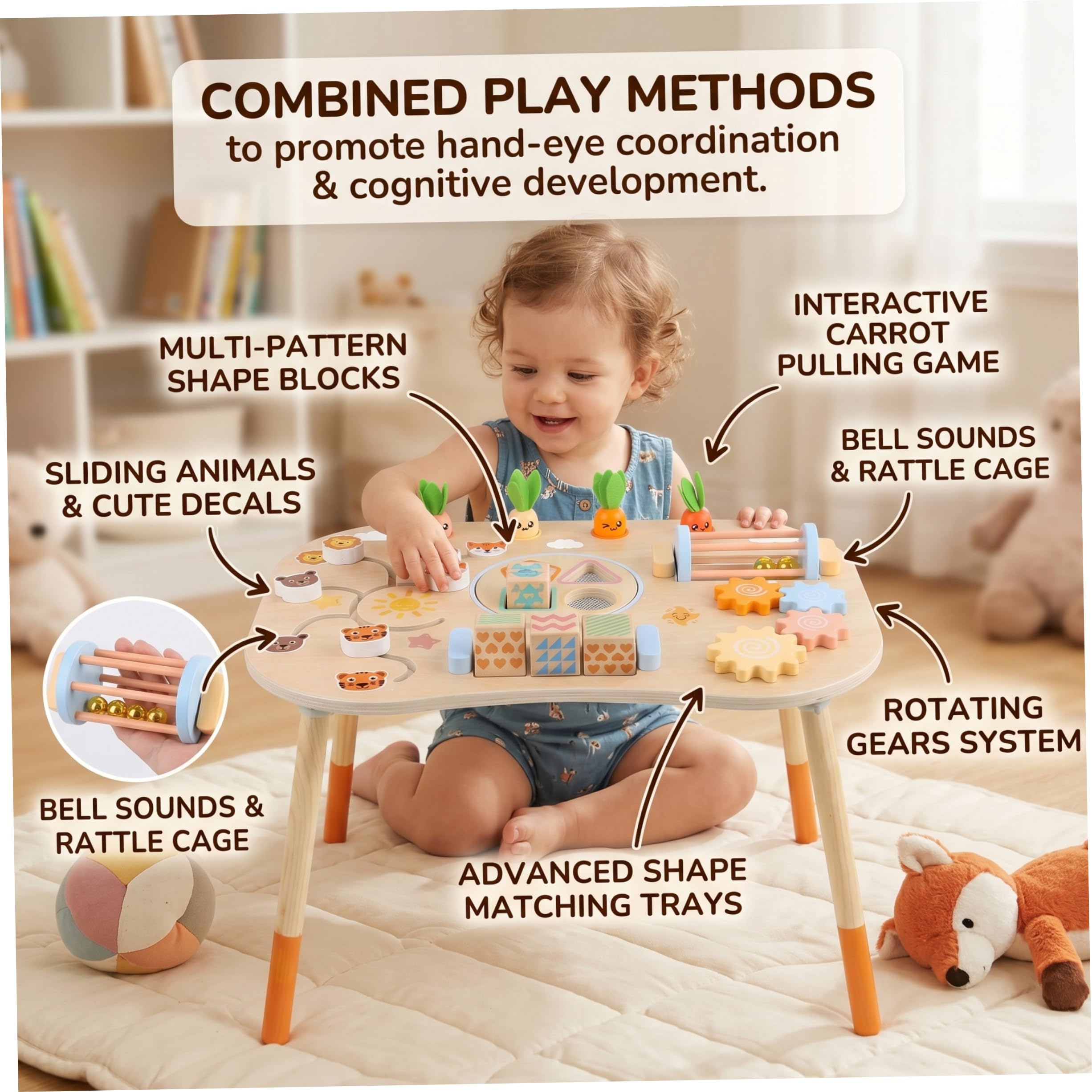 Mesa de Actividades para niños pequeños Mesa de Actividades para niños pequeños Sensorial Montessori 6 en 1 Ideal para de 1 a 3 años Juguete de Madera para bebés - Amarillo